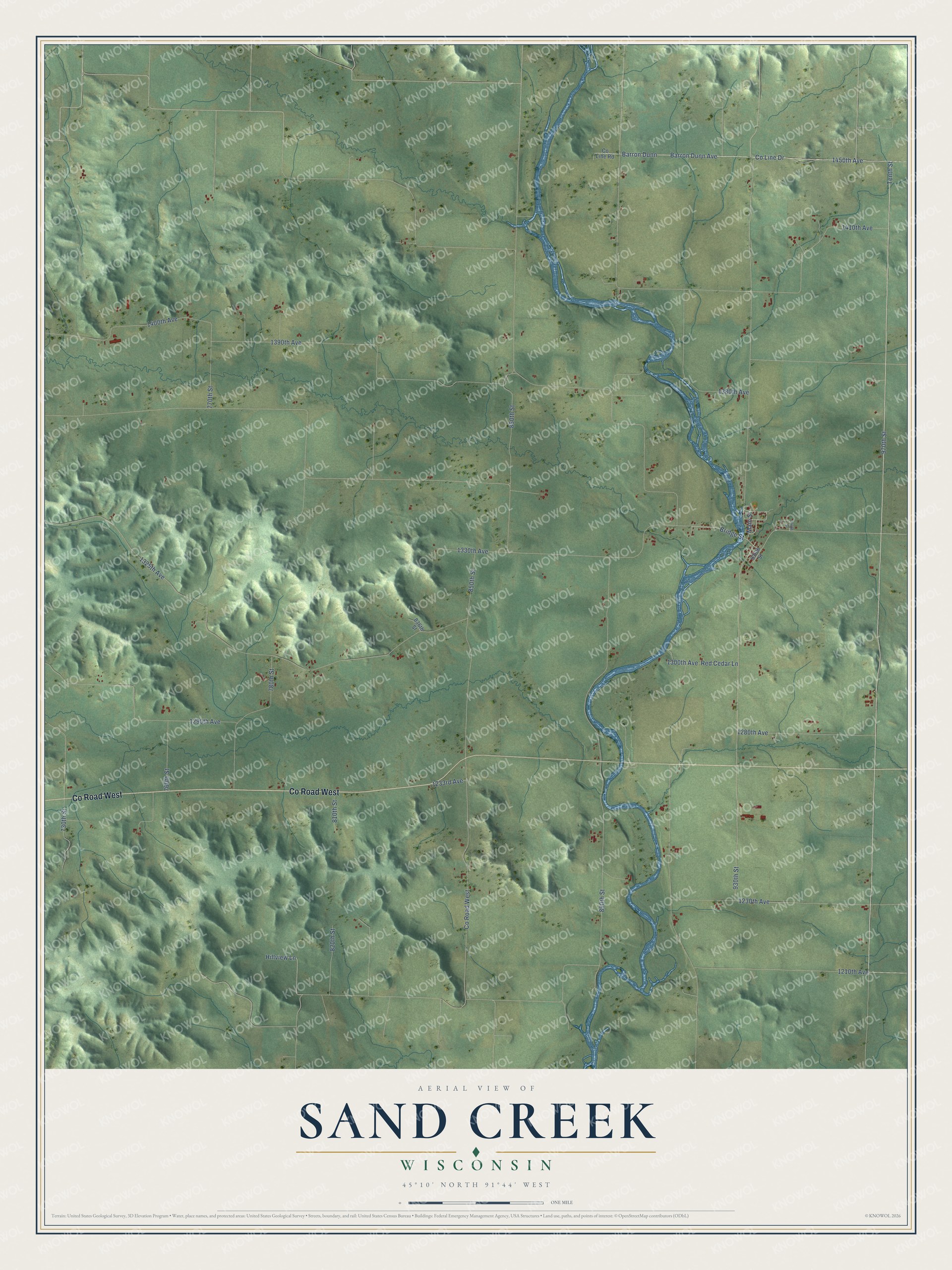 Full map of Sand Creek, Wisconsin, with red buildings, printed street names and the land around them