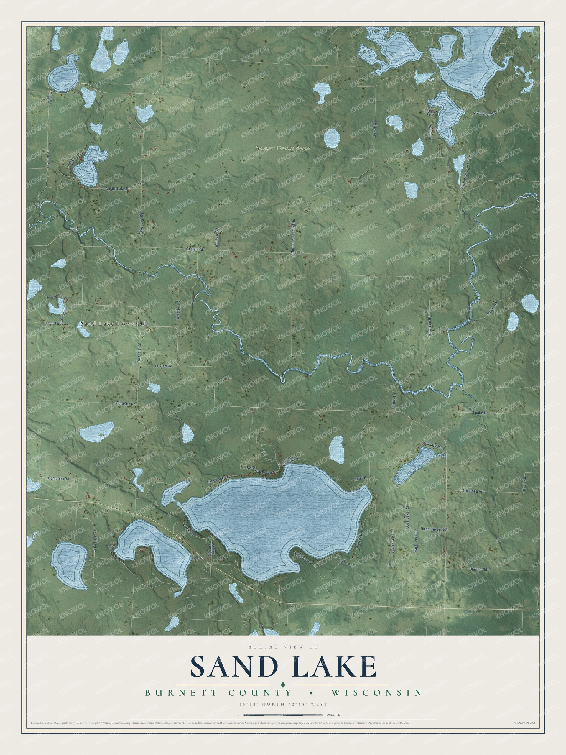 Full map of Sand Lake, Wisconsin, with red buildings, printed street names and the land around them