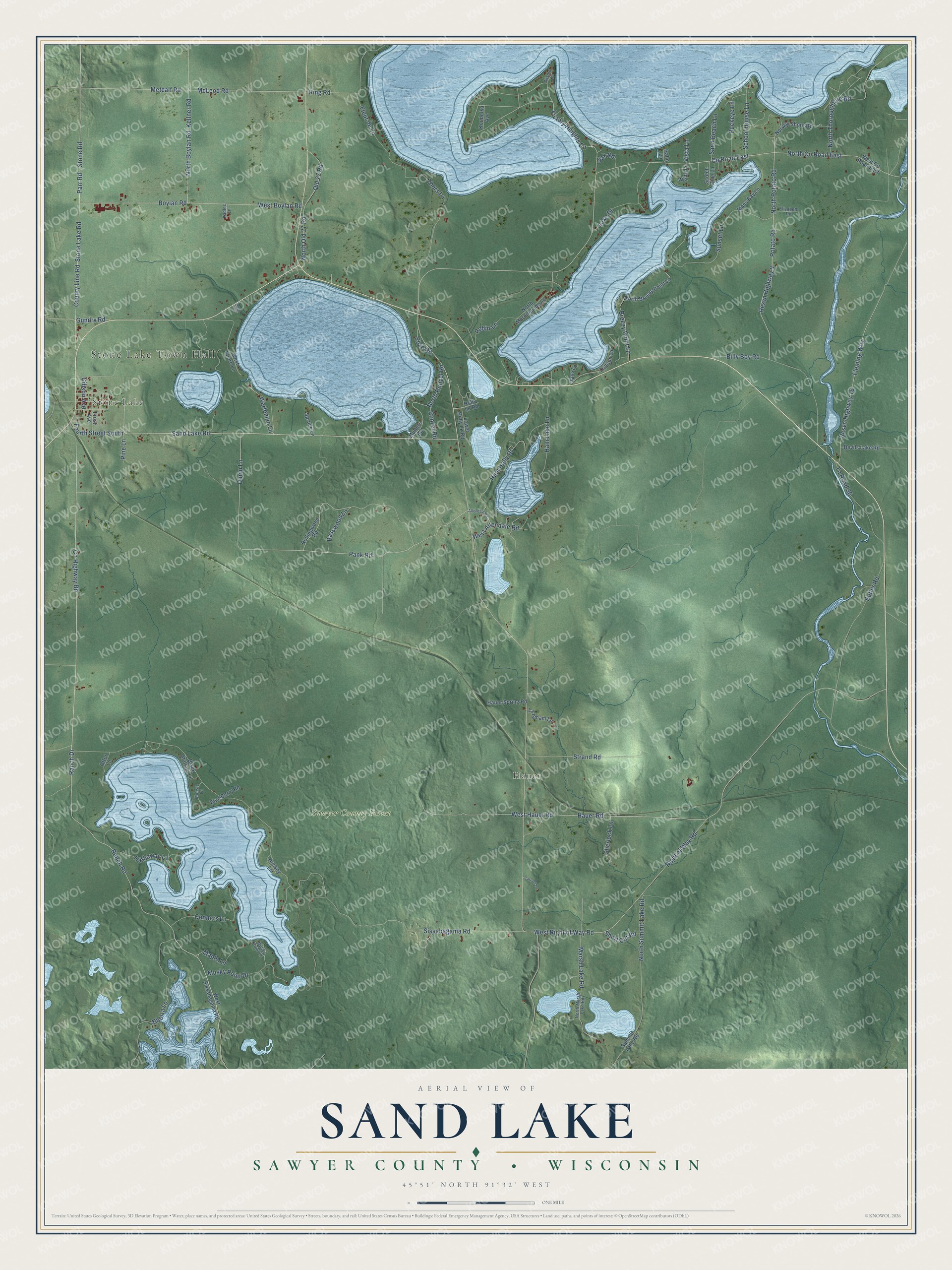 Full map of Sand Lake, Wisconsin, with red buildings, printed street names and the land around them
