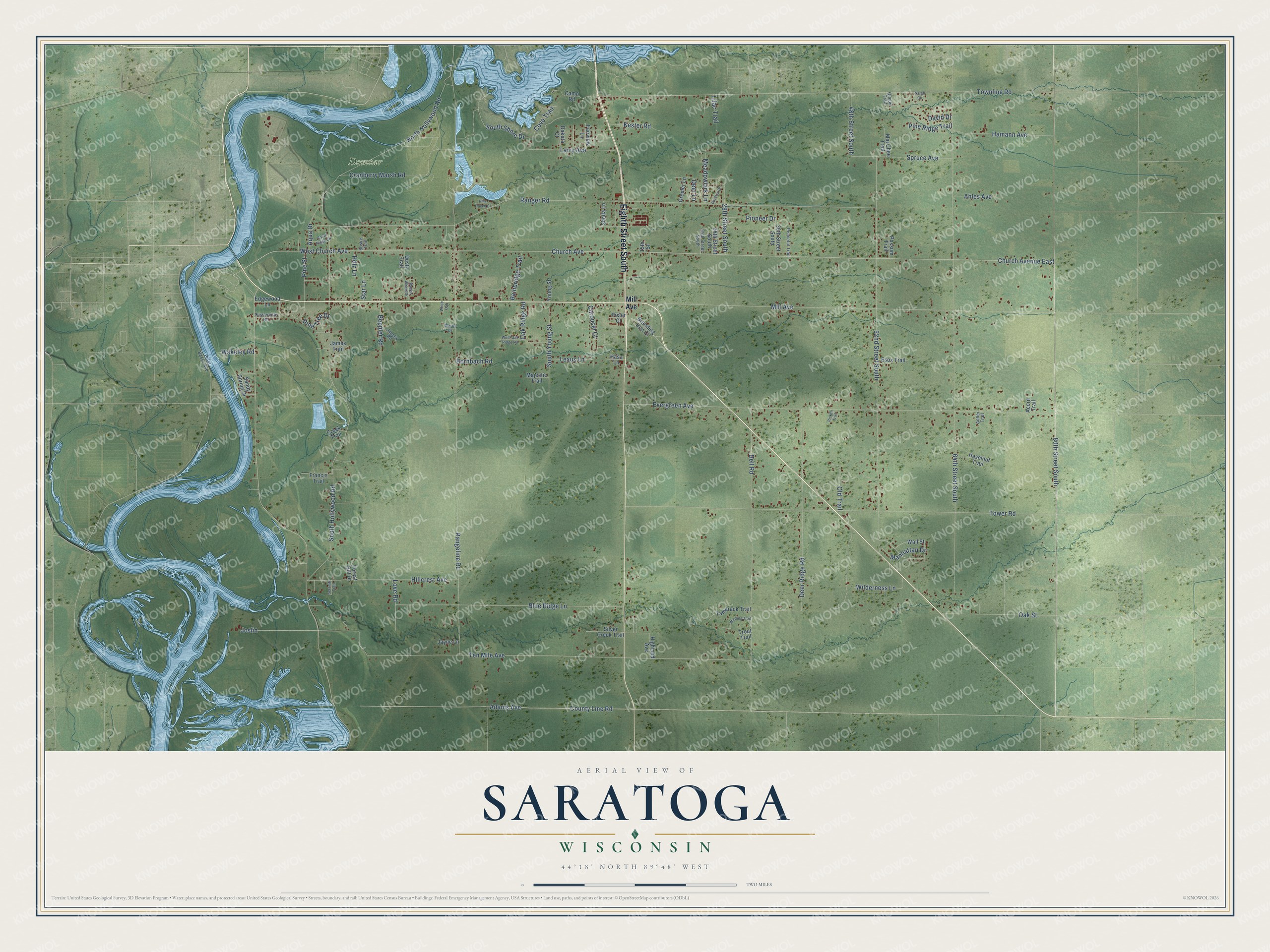 Full map of Saratoga, Wisconsin, with red buildings, printed street names and the land around them