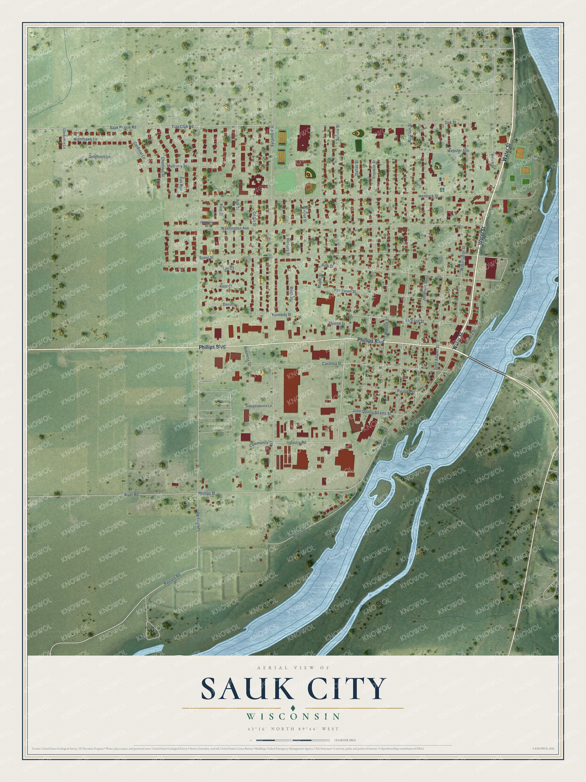 Full map of Sauk City, Wisconsin, with red buildings, printed street names and the land around them