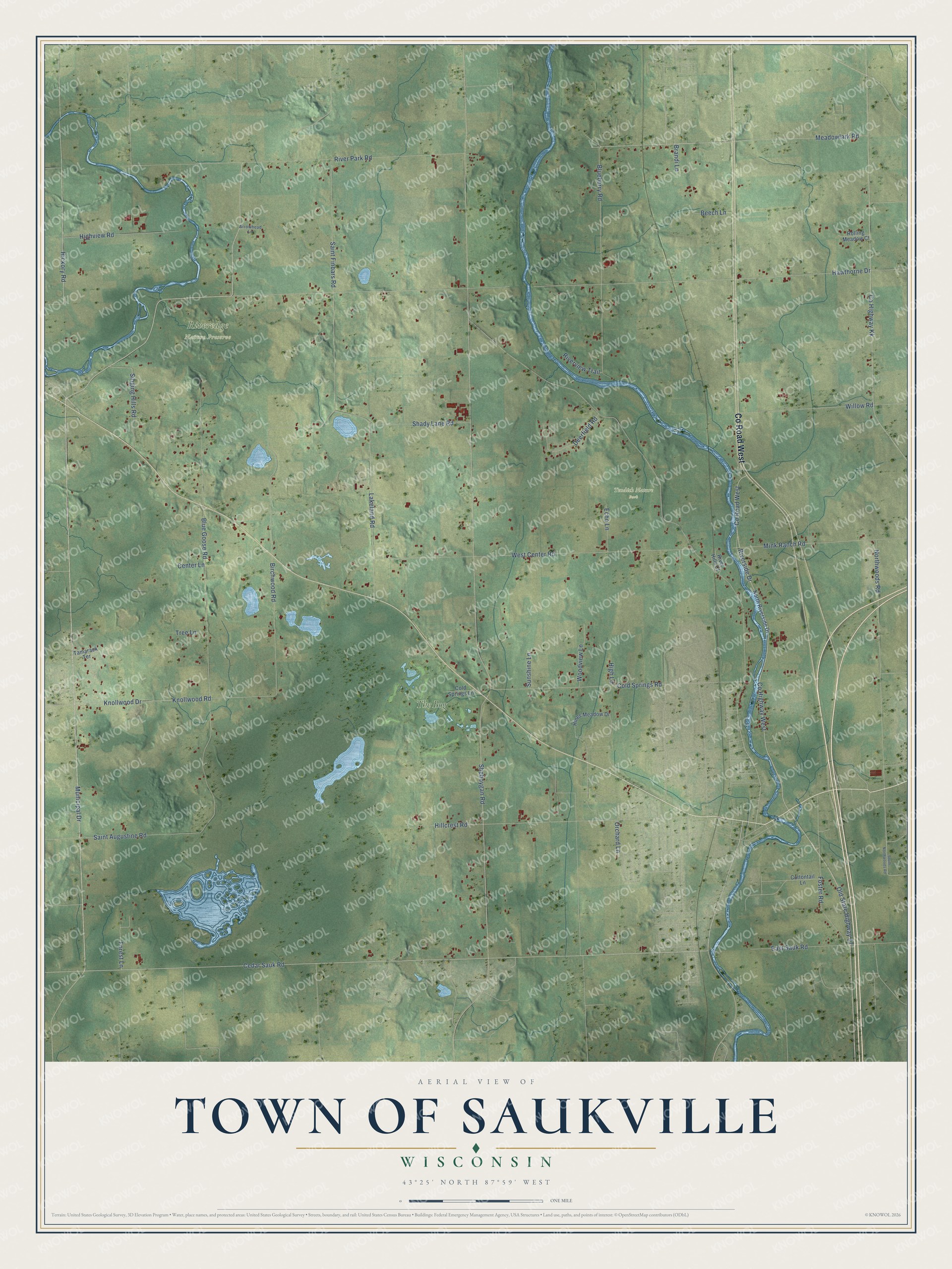 Full map of Saukville, Wisconsin, with red buildings, printed street names and the land around them