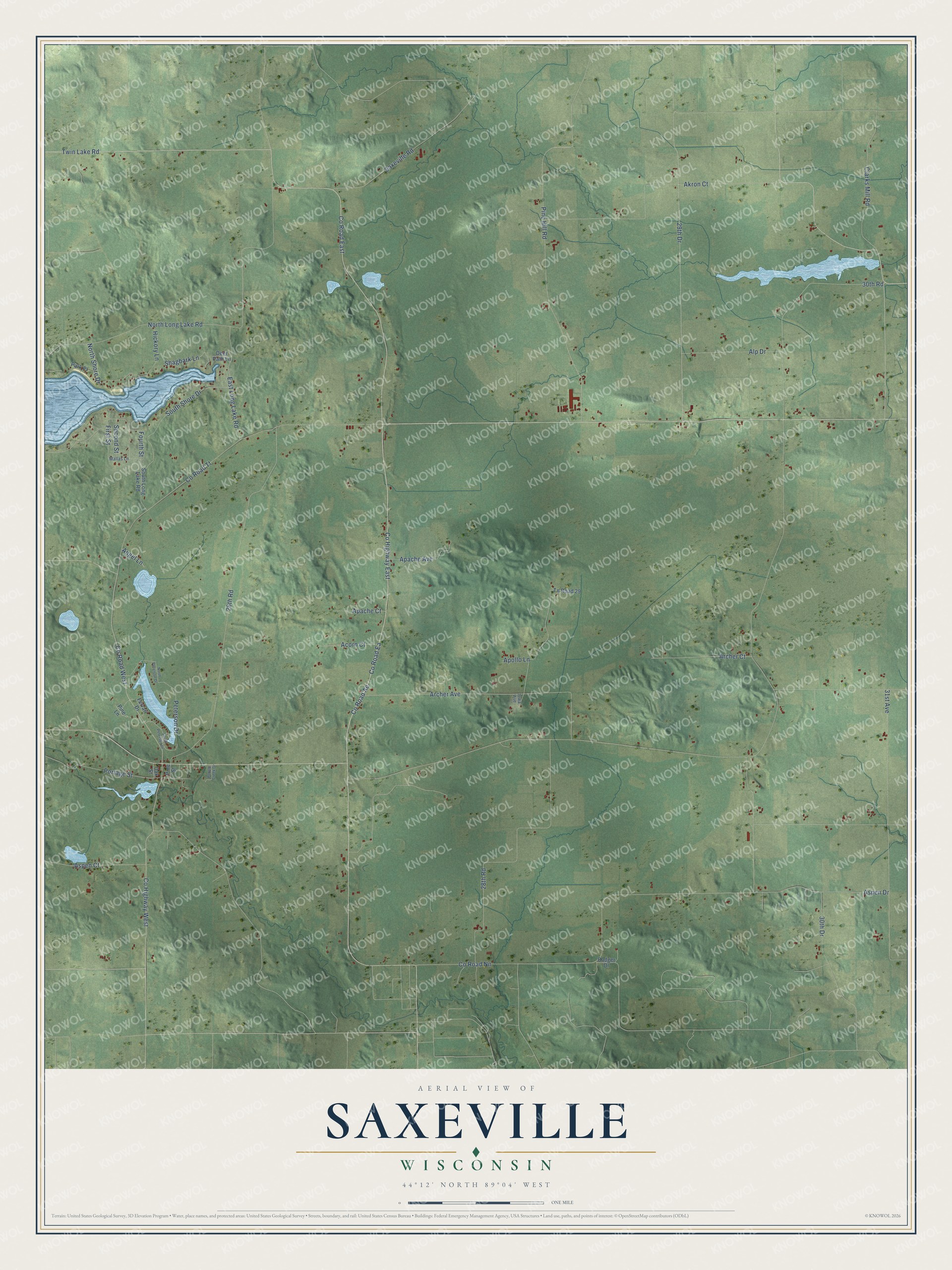Full map of Saxeville, Wisconsin, with red buildings, printed street names and the land around them