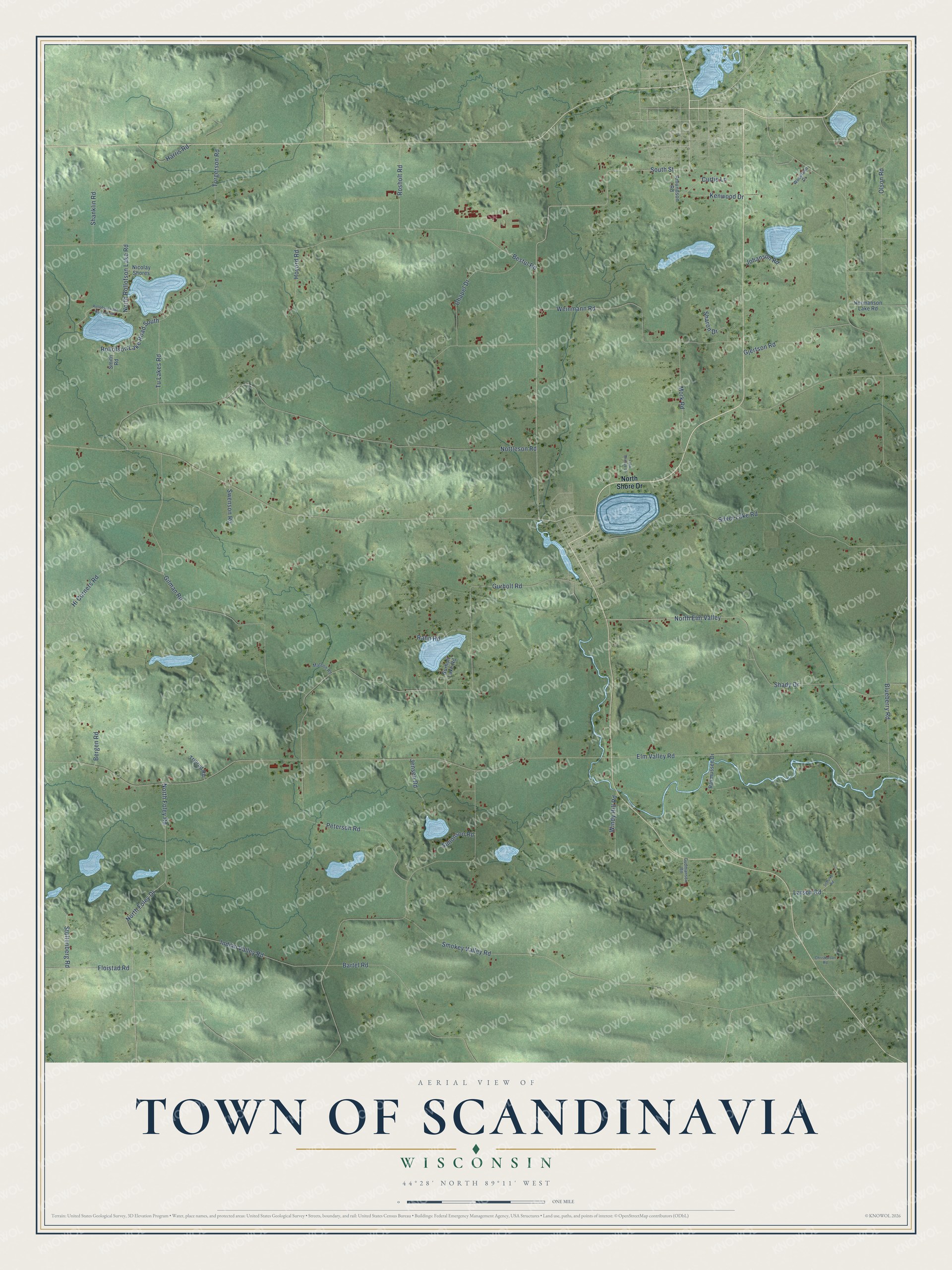 Full map of Scandinavia, Wisconsin, with red buildings, printed street names and the land around them