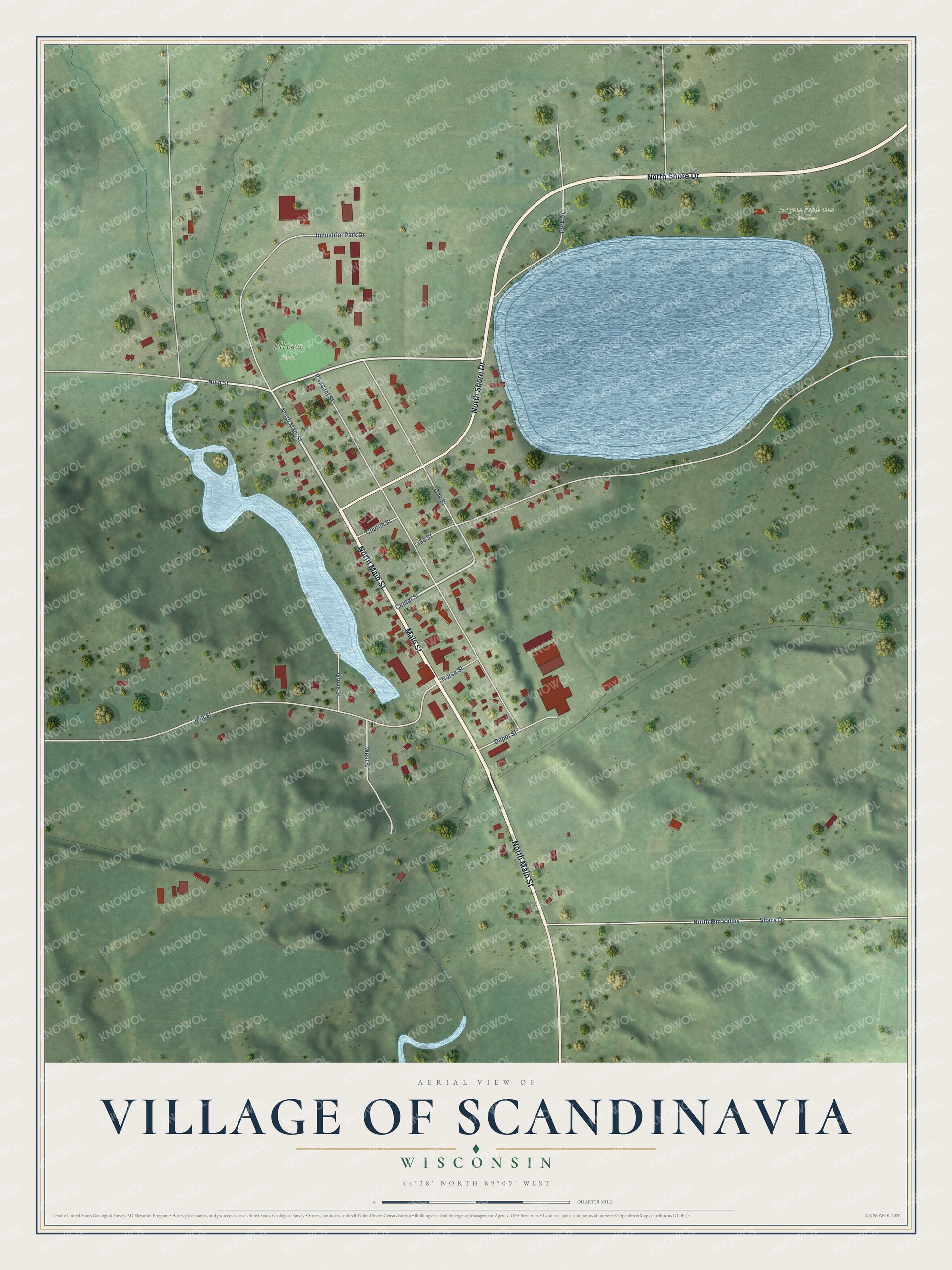 Full map of Scandinavia, Wisconsin, with red buildings, printed street names and the land around them