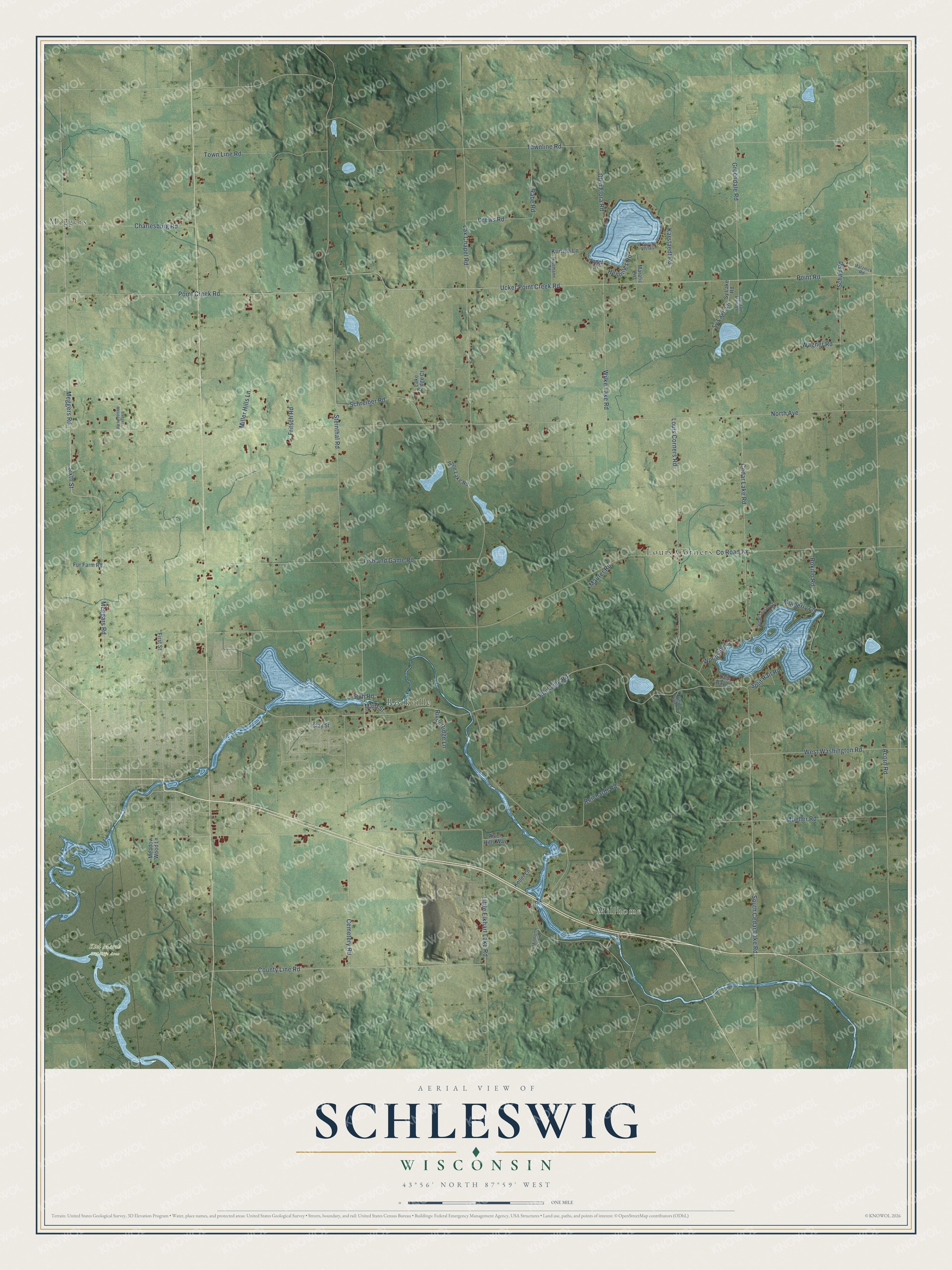 Full map of Schleswig, Wisconsin, with red buildings, printed street names and the land around them
