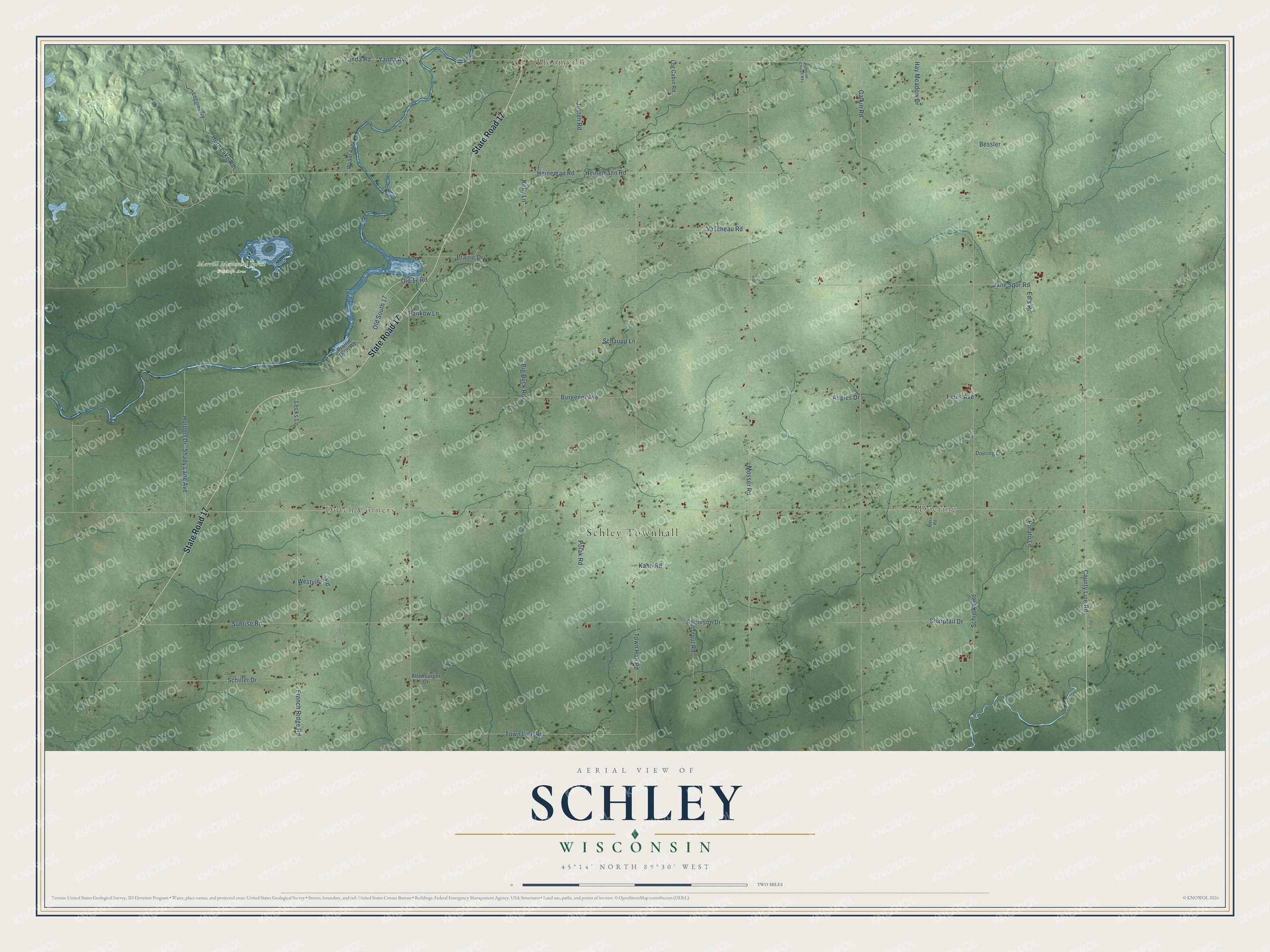 Full map of Schley, Wisconsin, with red buildings, printed street names and the land around them