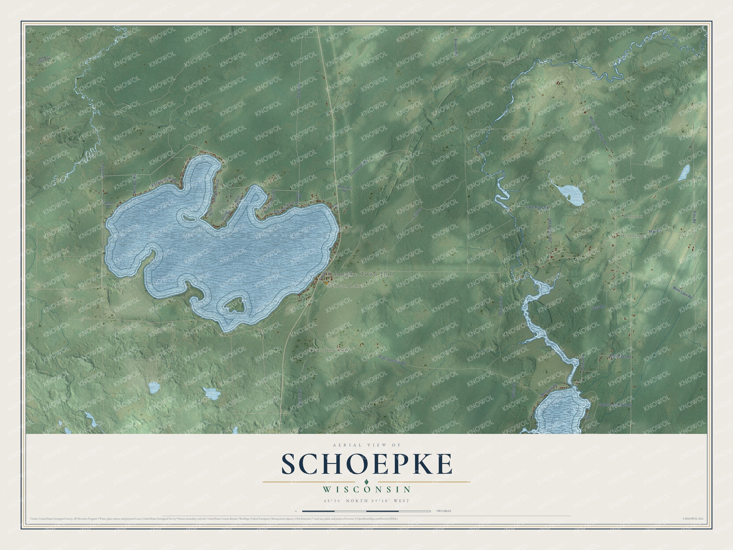 Full map of Schoepke, Wisconsin, with red buildings, printed street names and the land around them