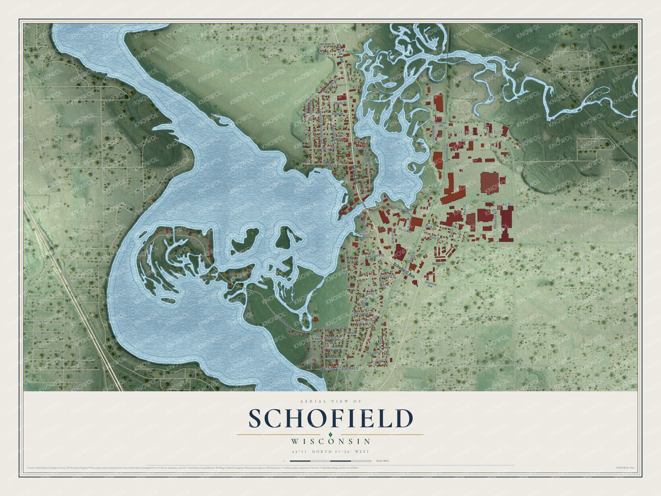 Full map of Schofield, Wisconsin, with red buildings, printed street names and the land around them