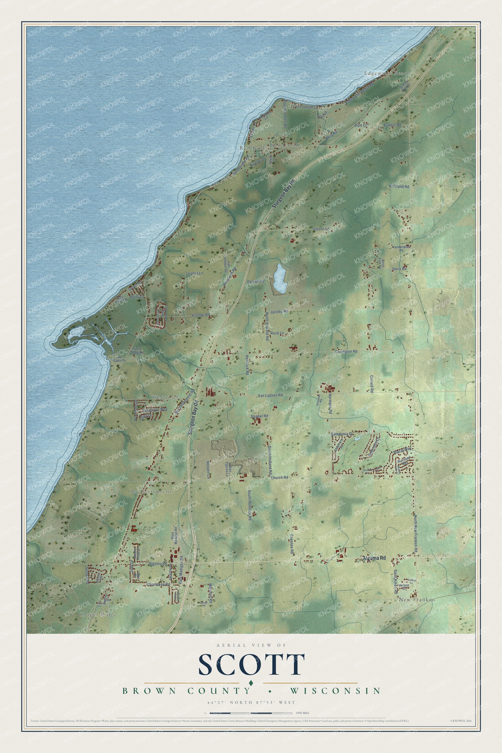 Full map of Scott, Wisconsin, with red buildings, printed street names and the land around them