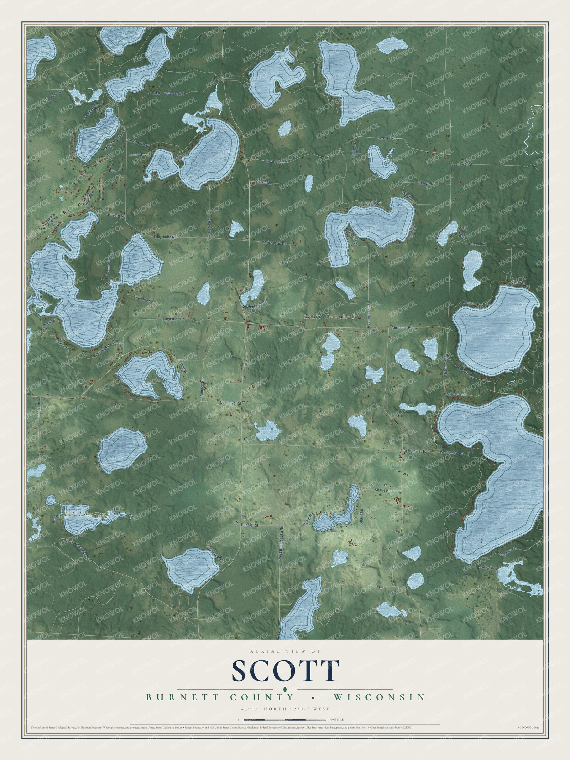 Full map of Scott, Wisconsin, with red buildings, printed street names and the land around them