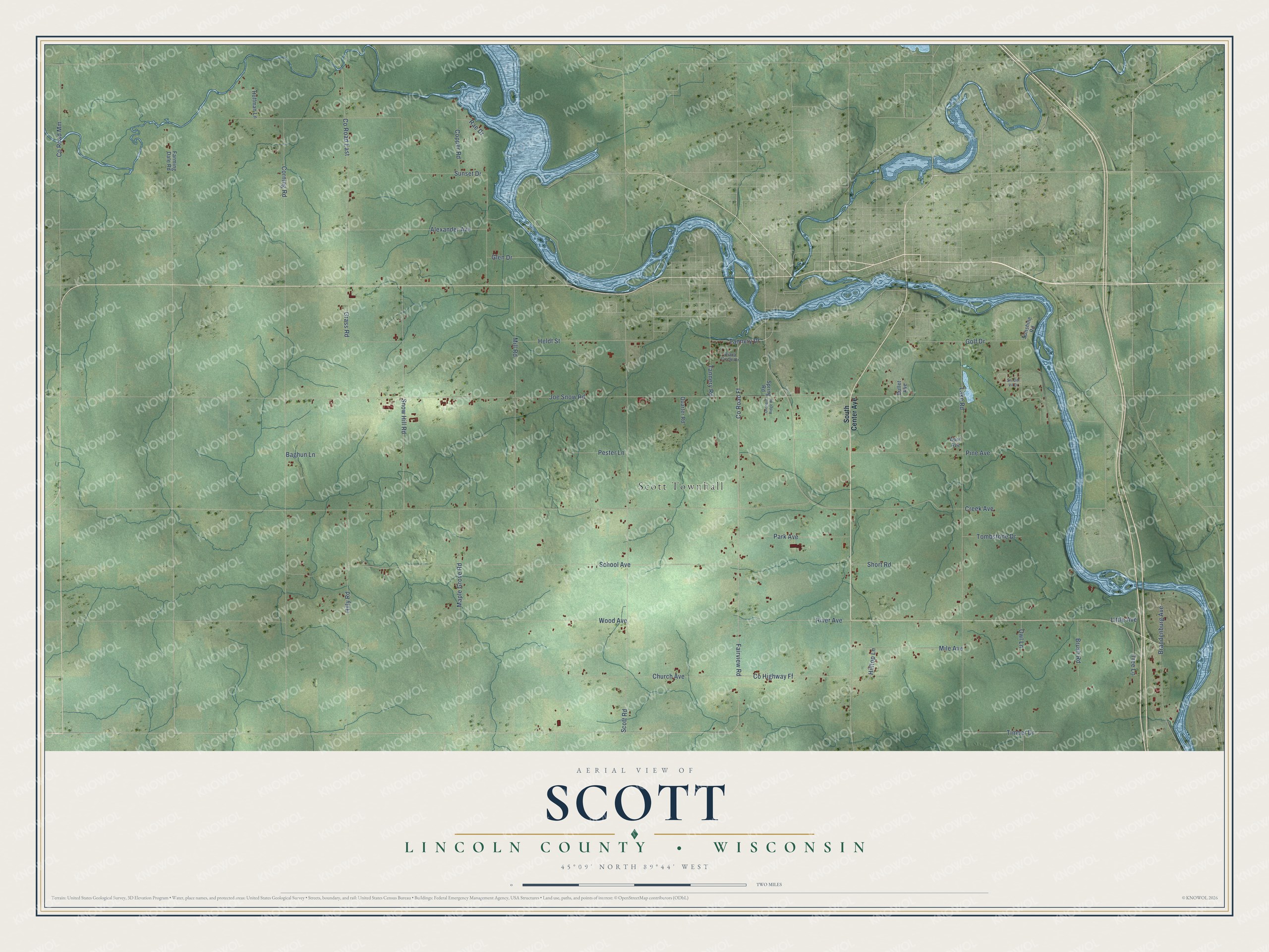 Full map of Scott, Wisconsin, with red buildings, printed street names and the land around them