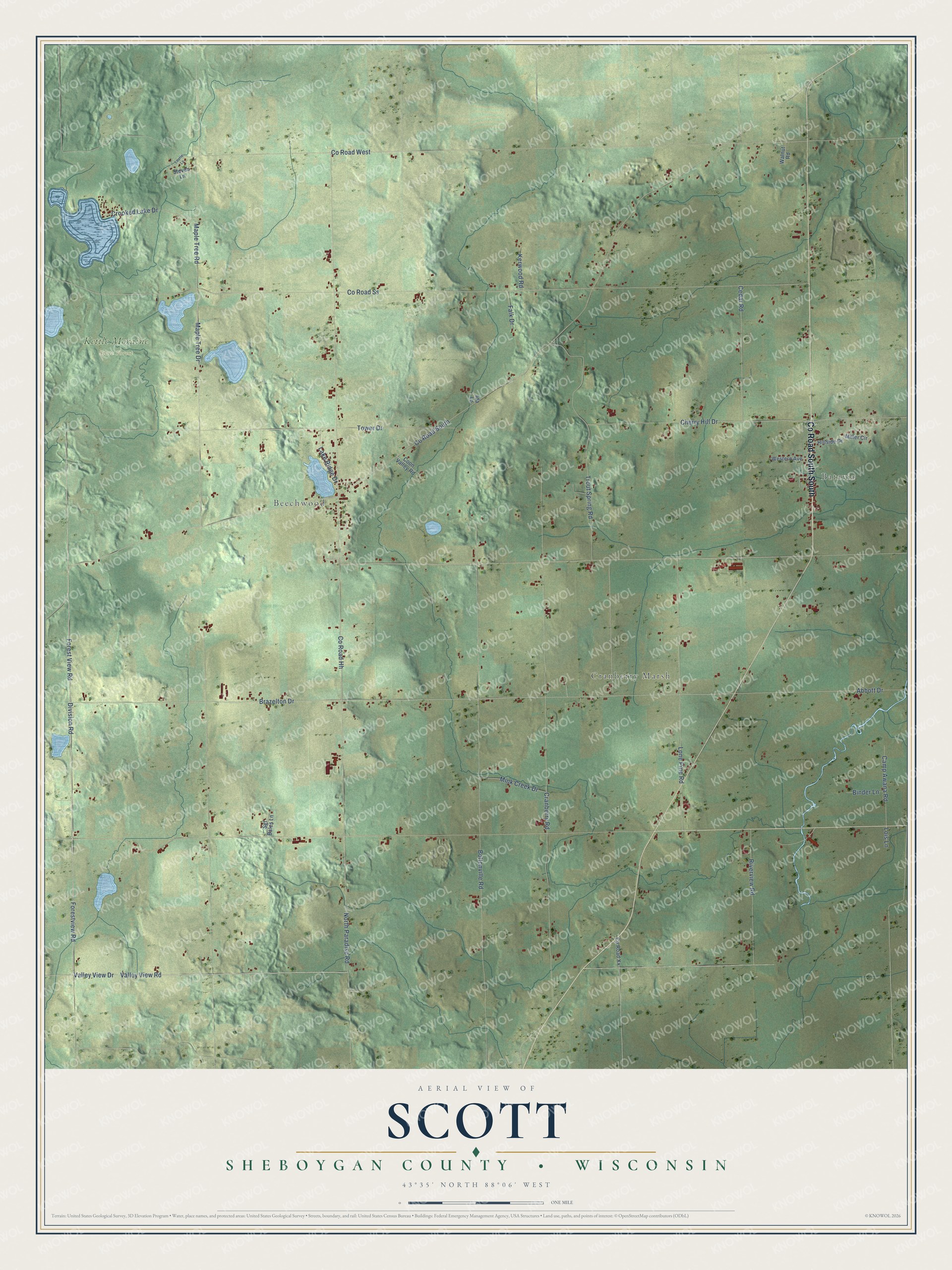 Full map of Scott, Wisconsin, with red buildings, printed street names and the land around them