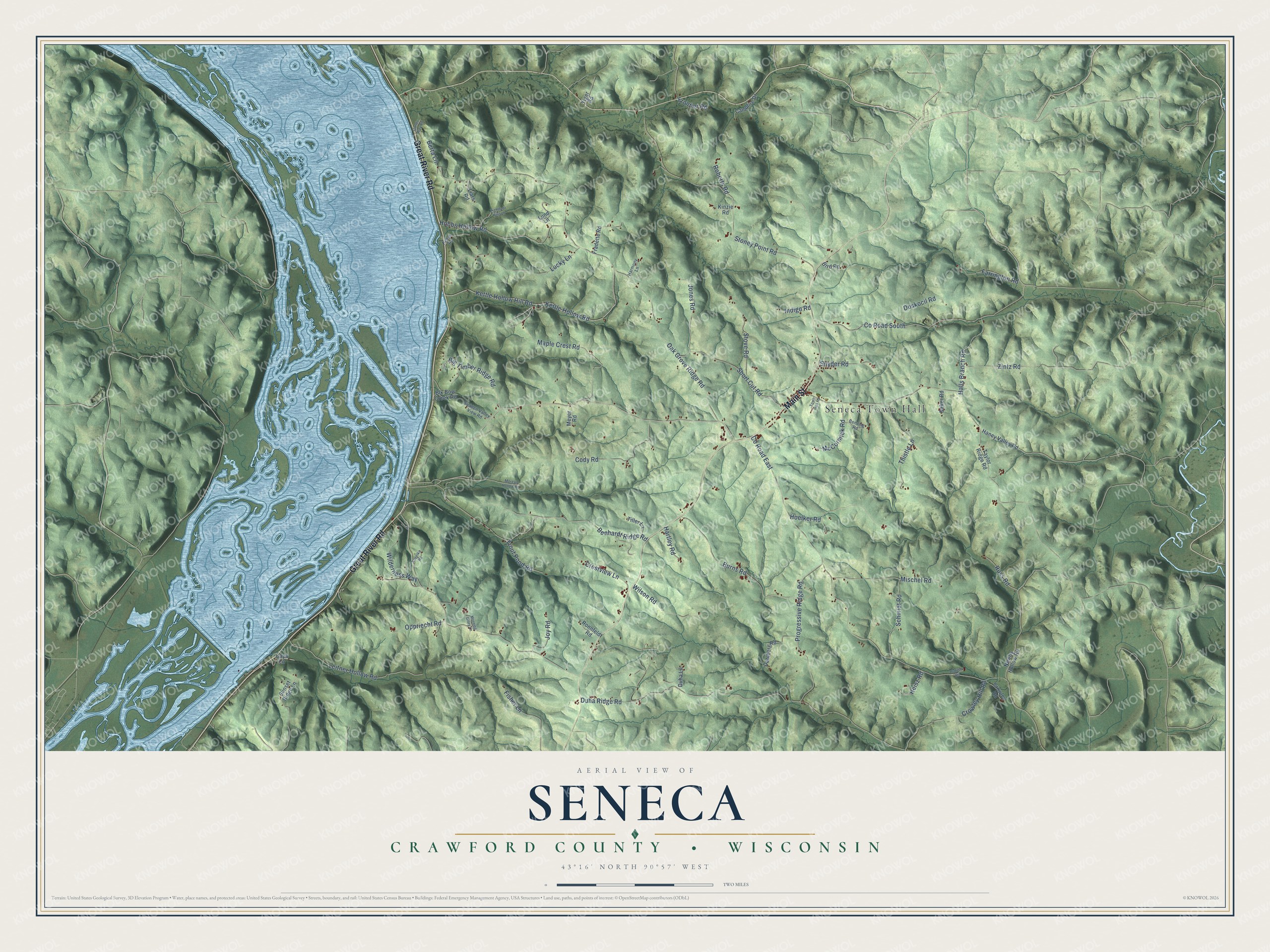 Full map of Seneca, Wisconsin, with red buildings, printed street names and the land around them