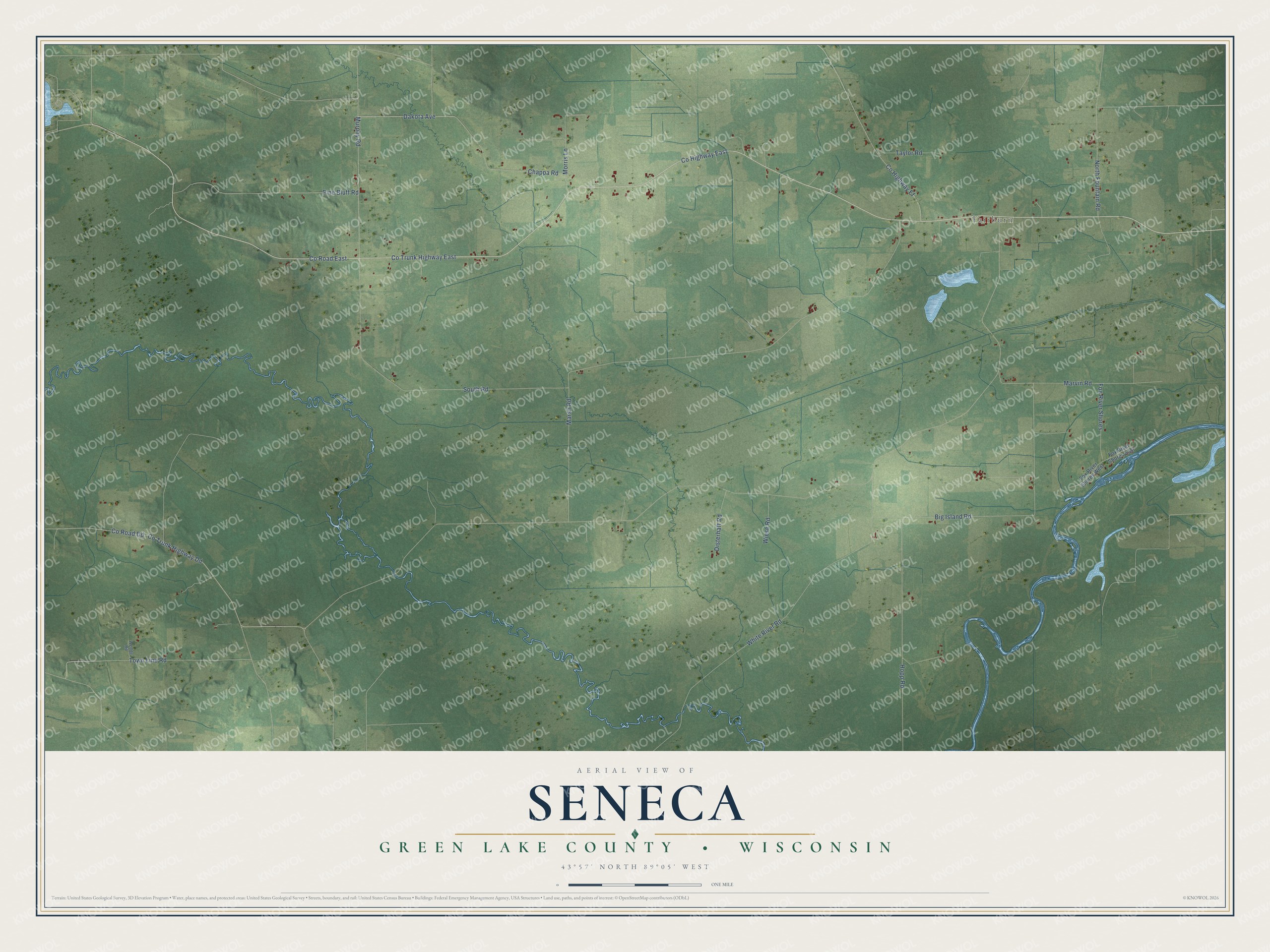Full map of Seneca, Wisconsin, with red buildings, printed street names and the land around them