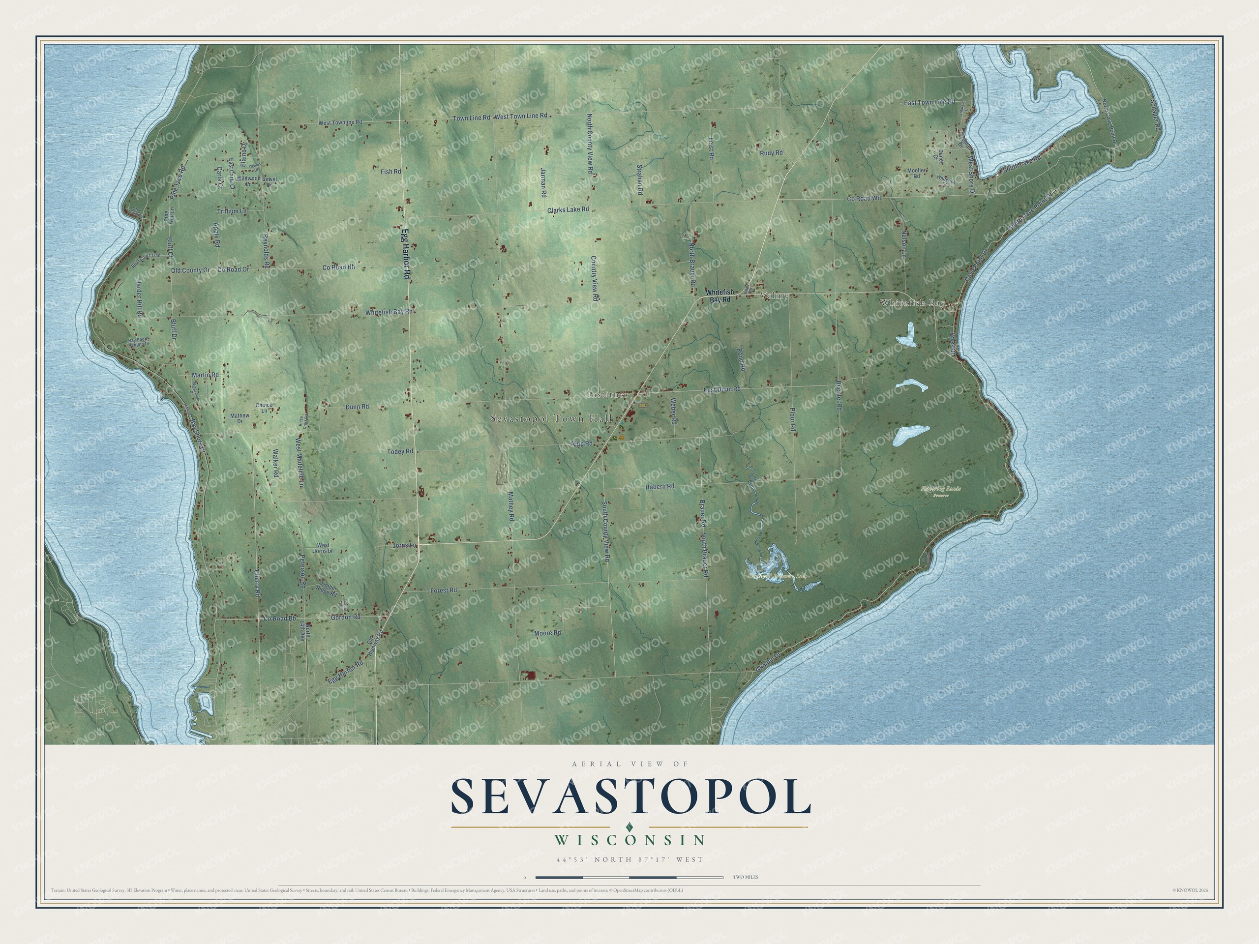 Full map of Sevastopol, Wisconsin, with red buildings, printed street names and the land around them