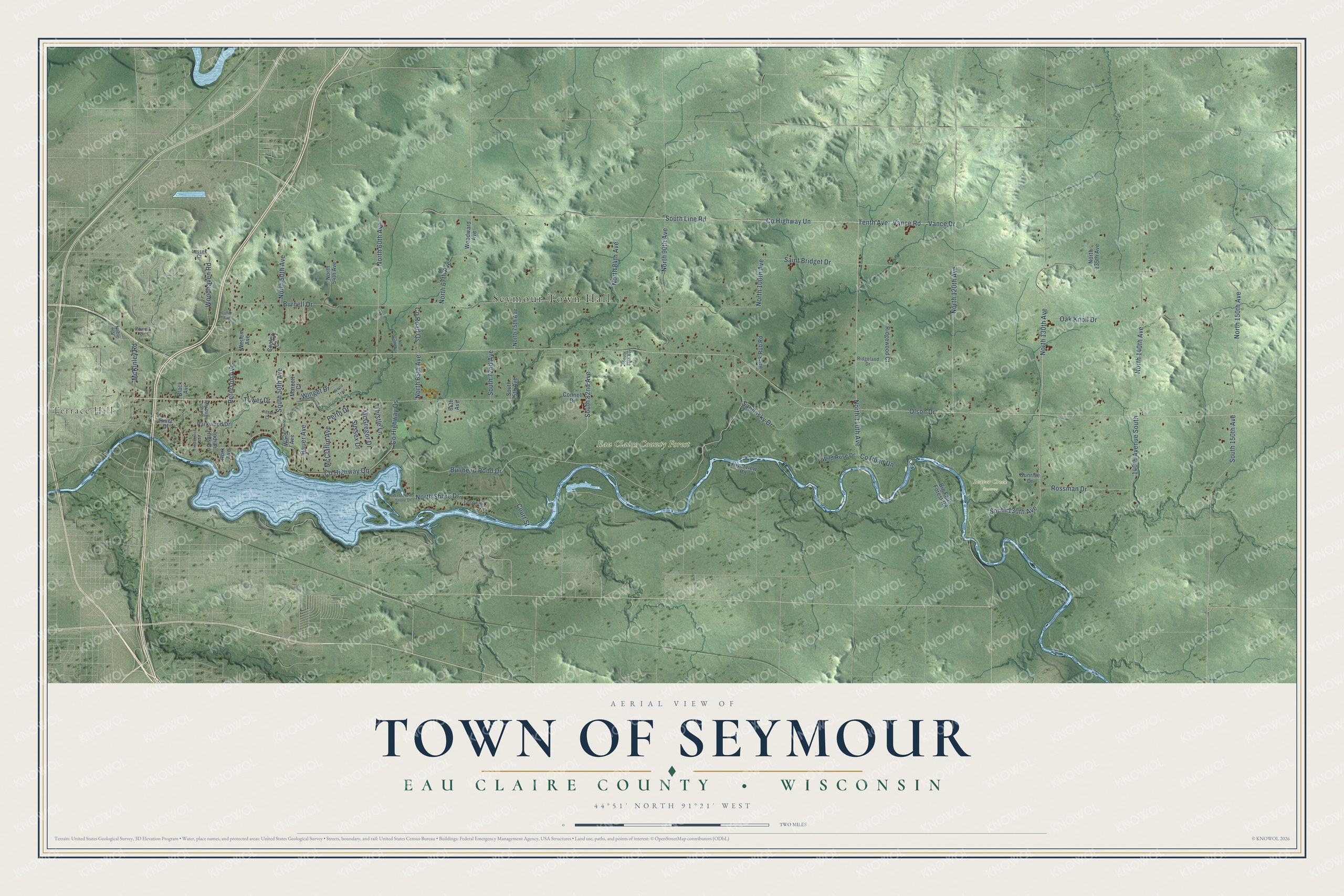 Full map of Seymour, Wisconsin, with red buildings, printed street names and the land around them