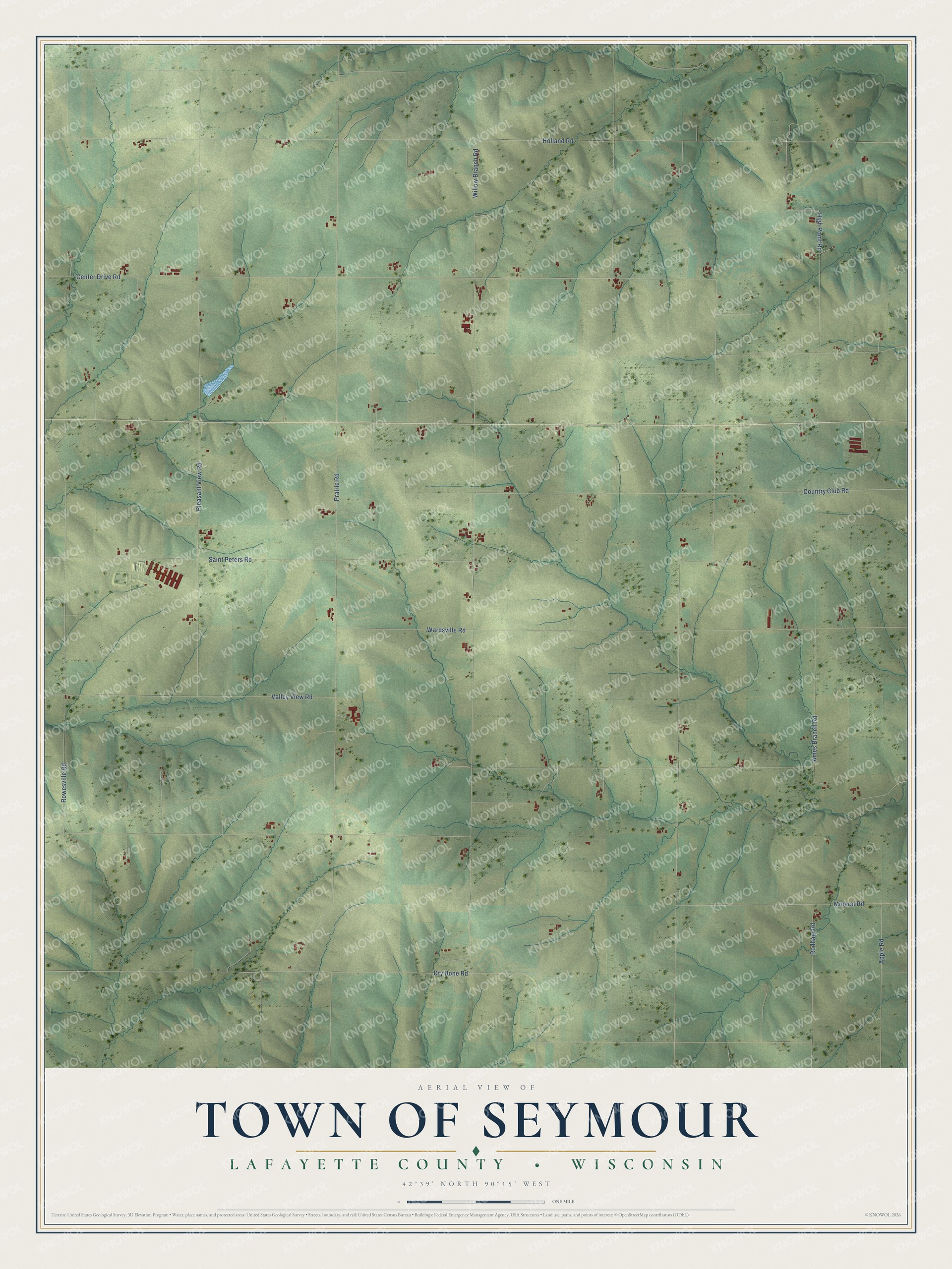 Full map of Seymour, Wisconsin, with red buildings, printed street names and the land around them