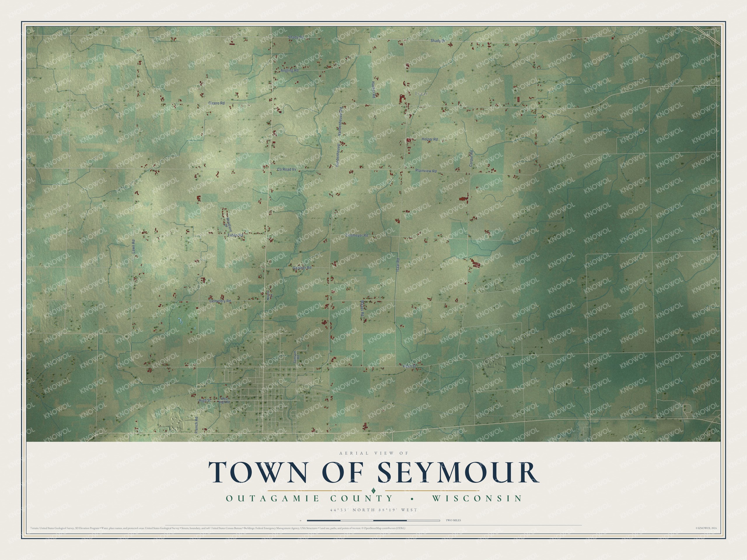 Full map of Seymour, Wisconsin, with red buildings, printed street names and the land around them
