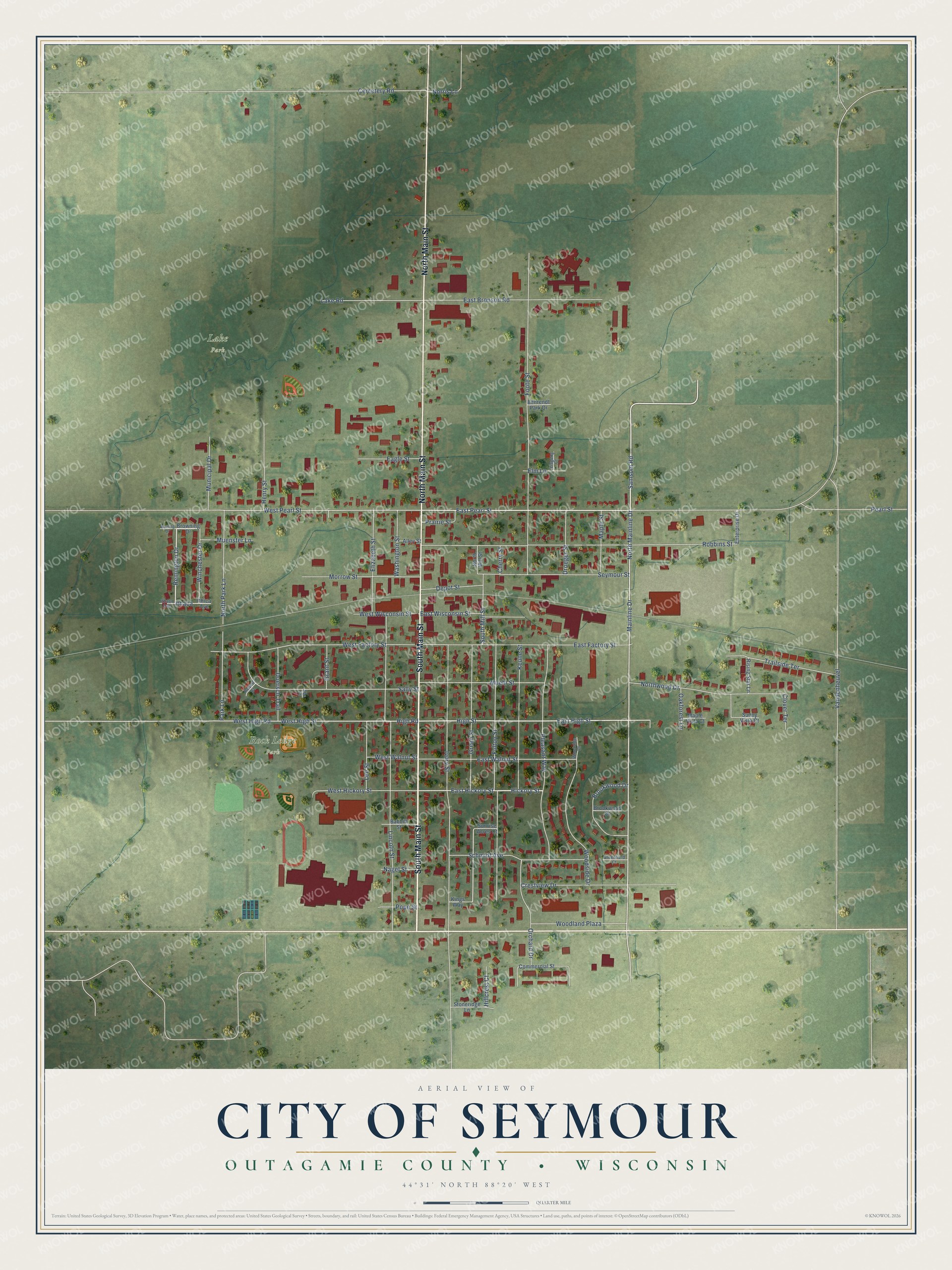 Full map of Seymour, Wisconsin, with red buildings, printed street names and the land around them