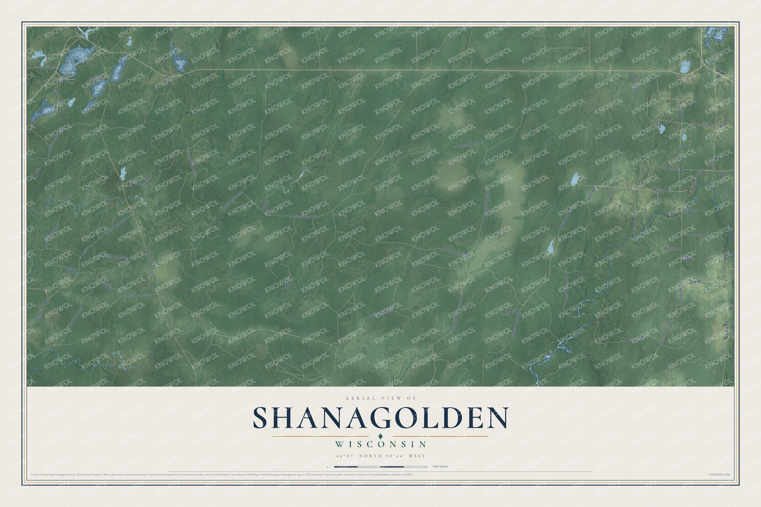 Full map of Shanagolden, Wisconsin, with red buildings, printed street names and the land around them