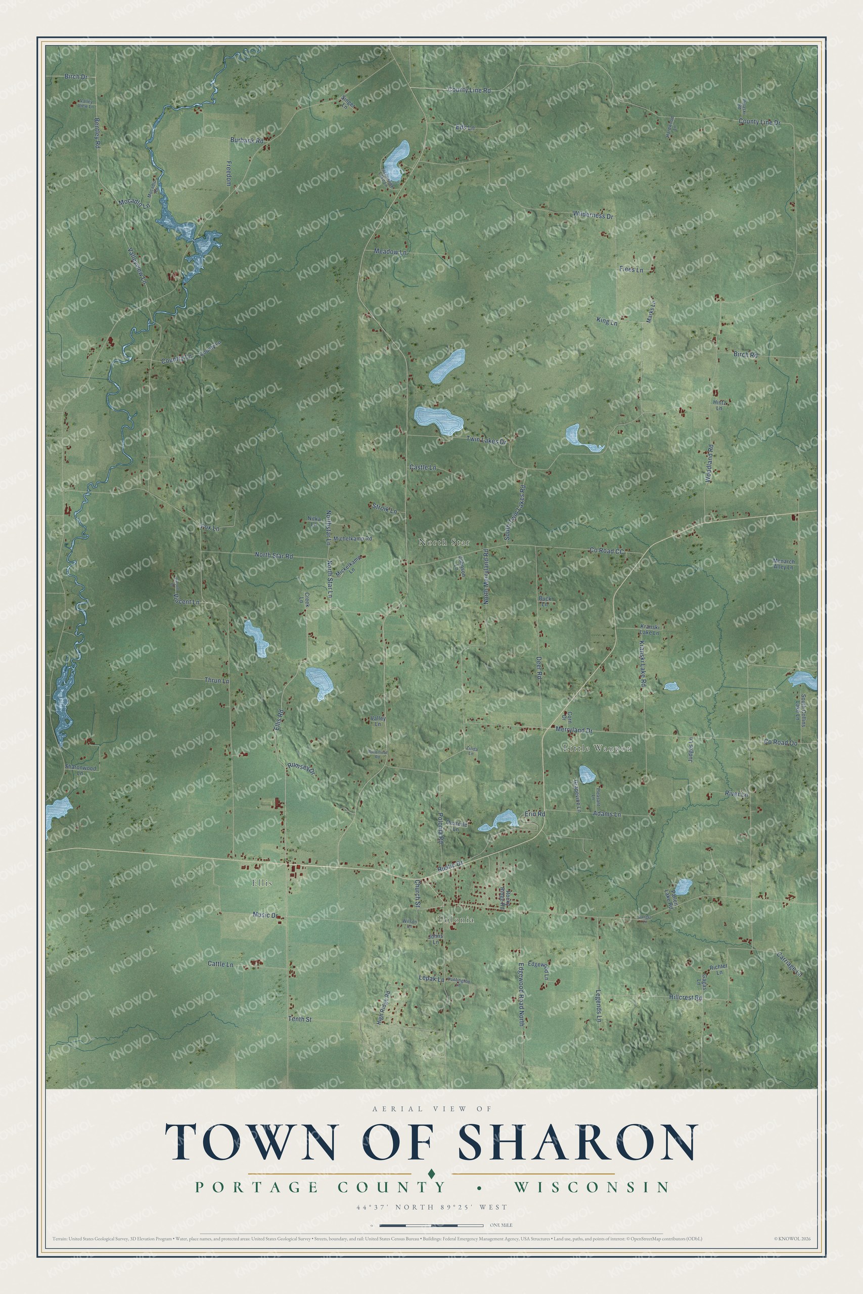 Full map of Sharon, Wisconsin, with red buildings, printed street names and the land around them