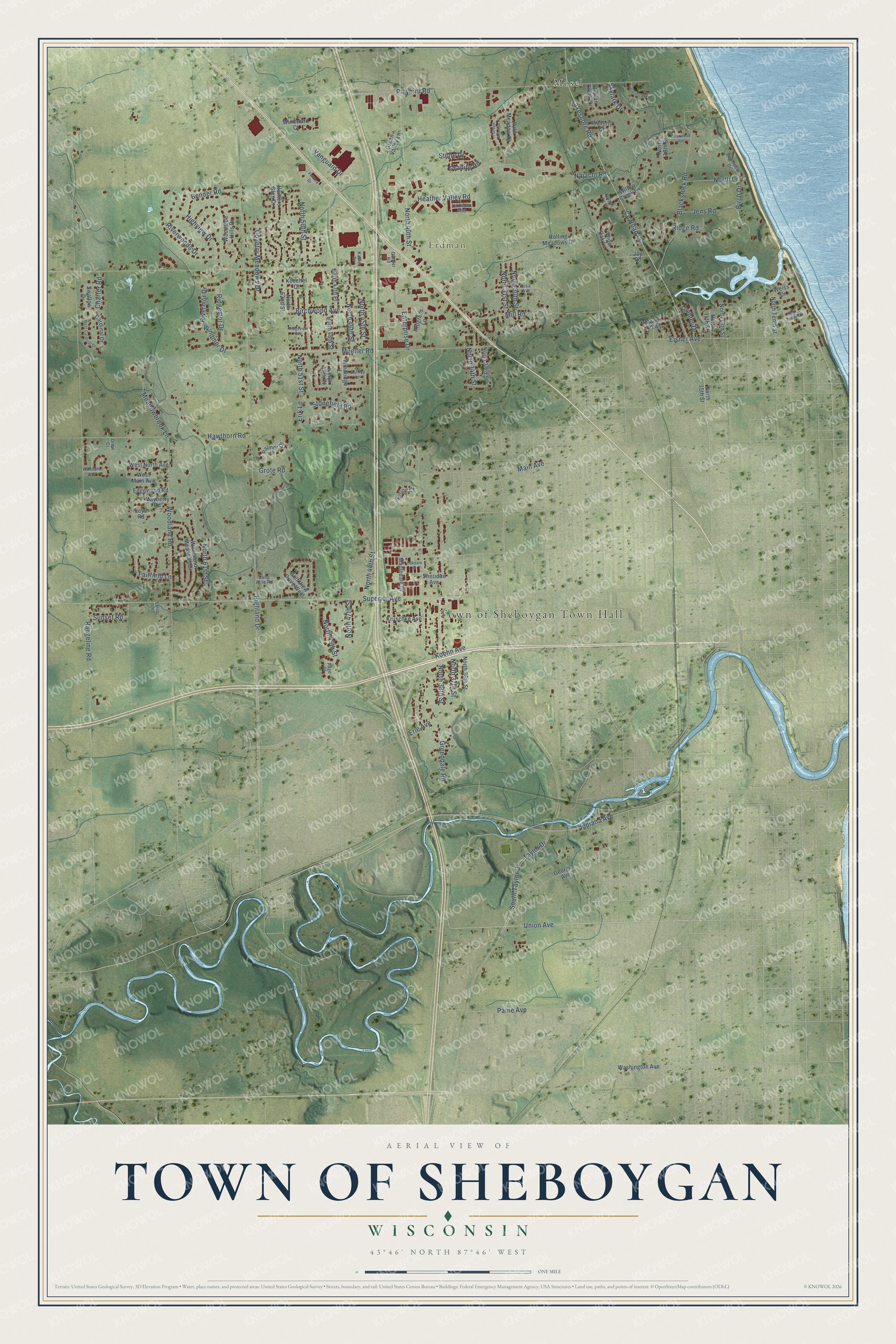 Full map of Sheboygan, Wisconsin, with red buildings, printed street names and the land around them
