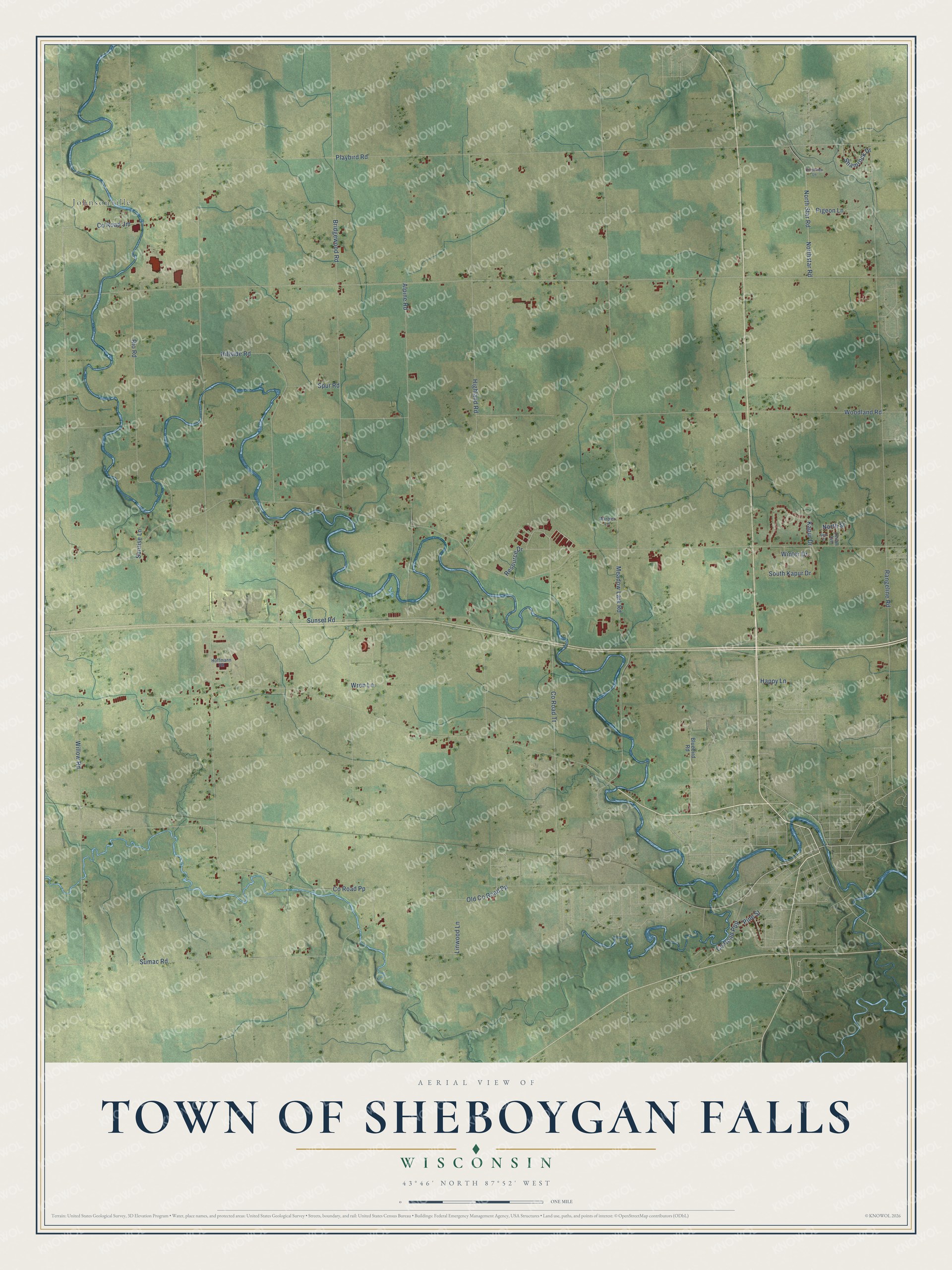 Full map of Sheboygan Falls, Wisconsin, with red buildings, printed street names and the land around them