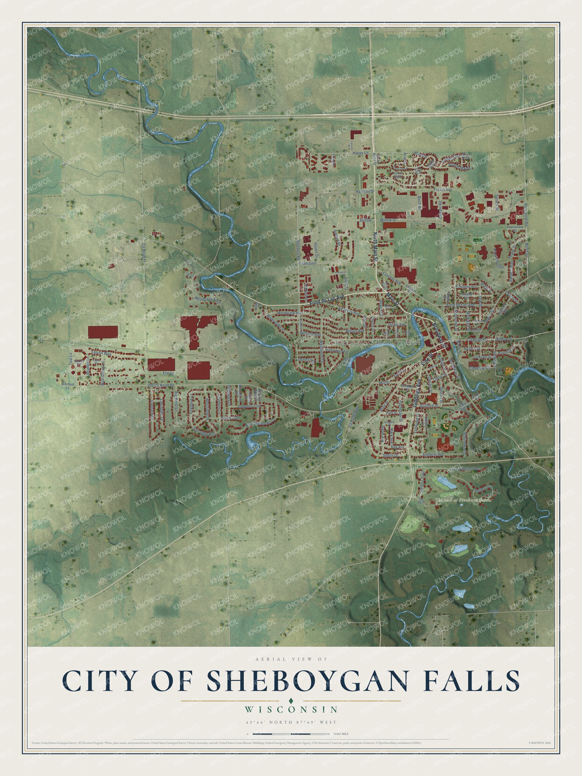 Full map of Sheboygan Falls, Wisconsin, with red buildings, printed street names and the land around them