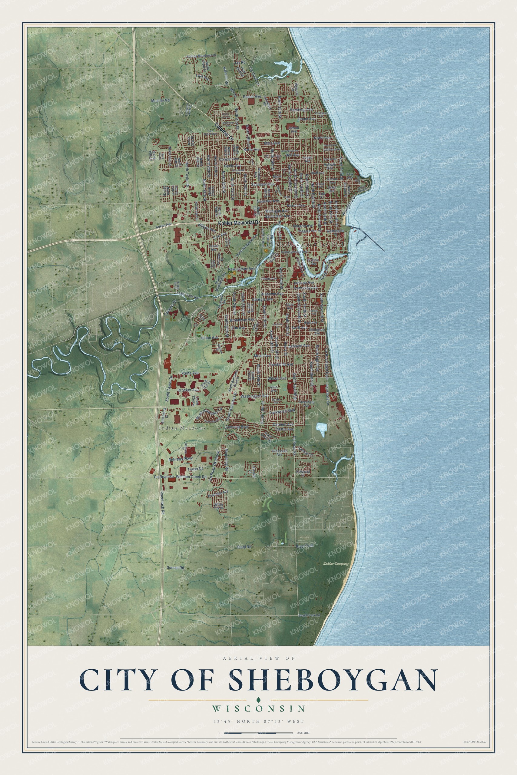 Full map of Sheboygan, Wisconsin, with red buildings, printed street names and the land around them