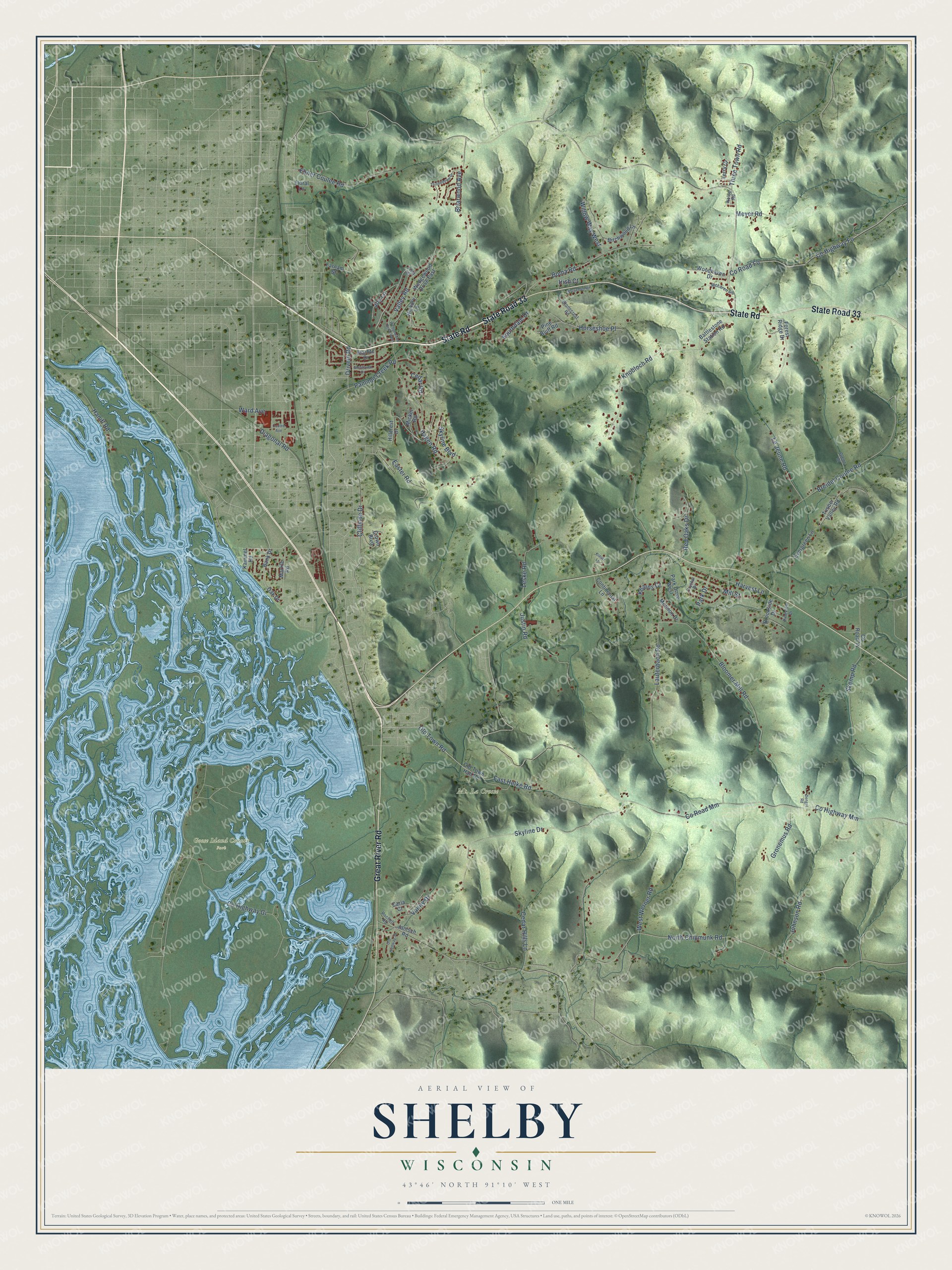 Full map of Shelby, Wisconsin, with red buildings, printed street names and the land around them