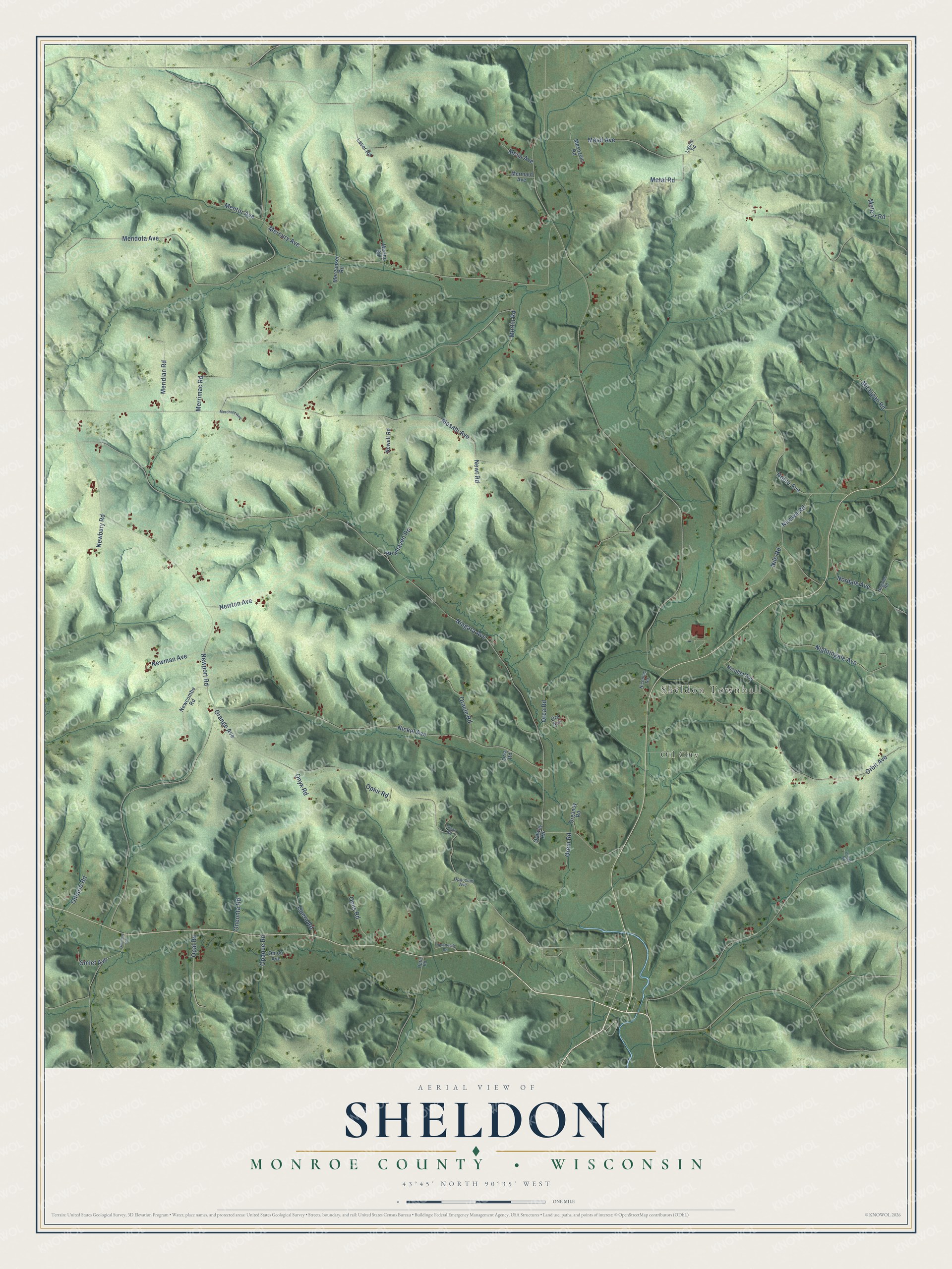 Full map of Sheldon, Wisconsin, with red buildings, printed street names and the land around them