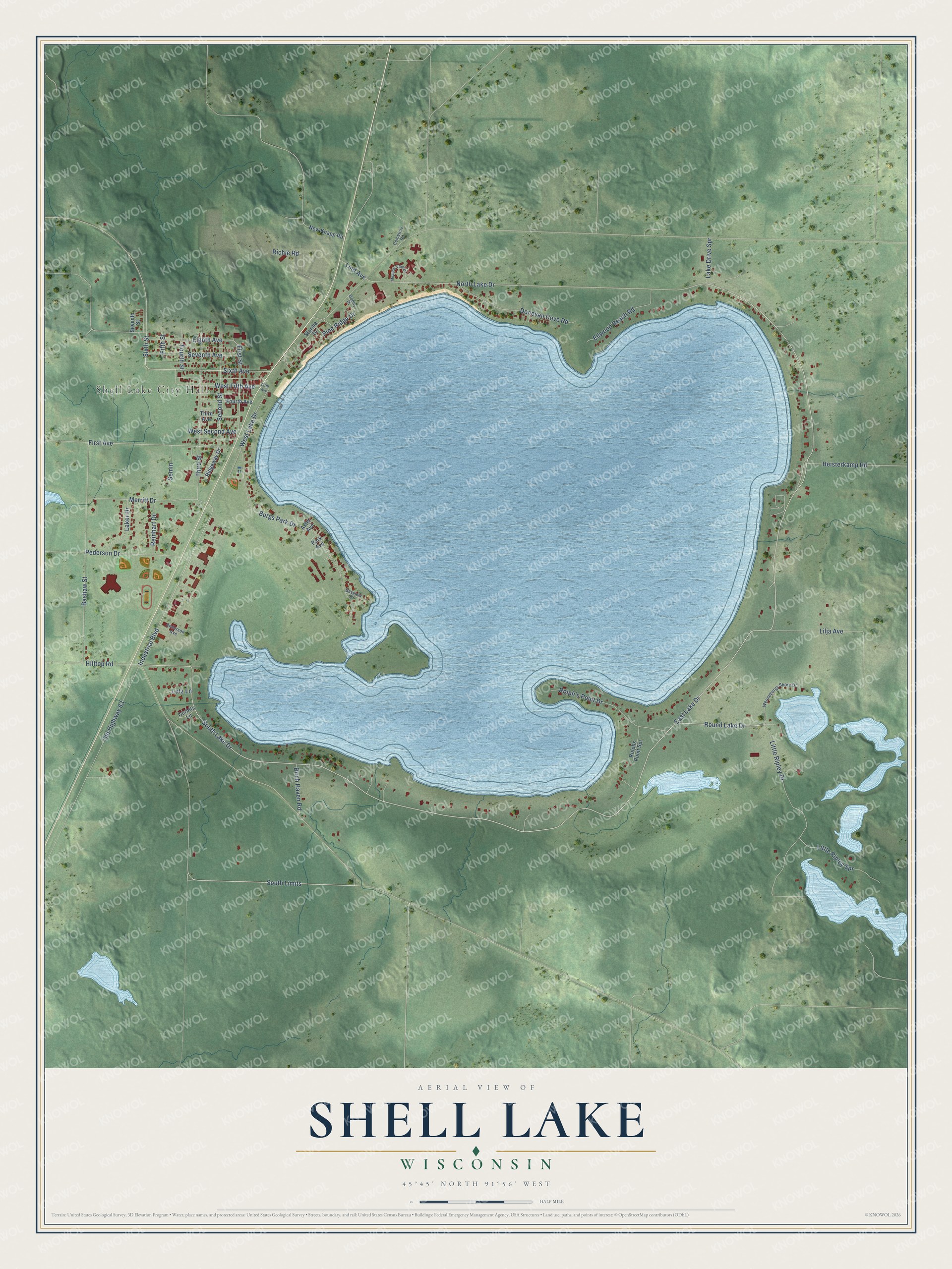 Full map of Shell Lake, Wisconsin, with red buildings, printed street names and the land around them