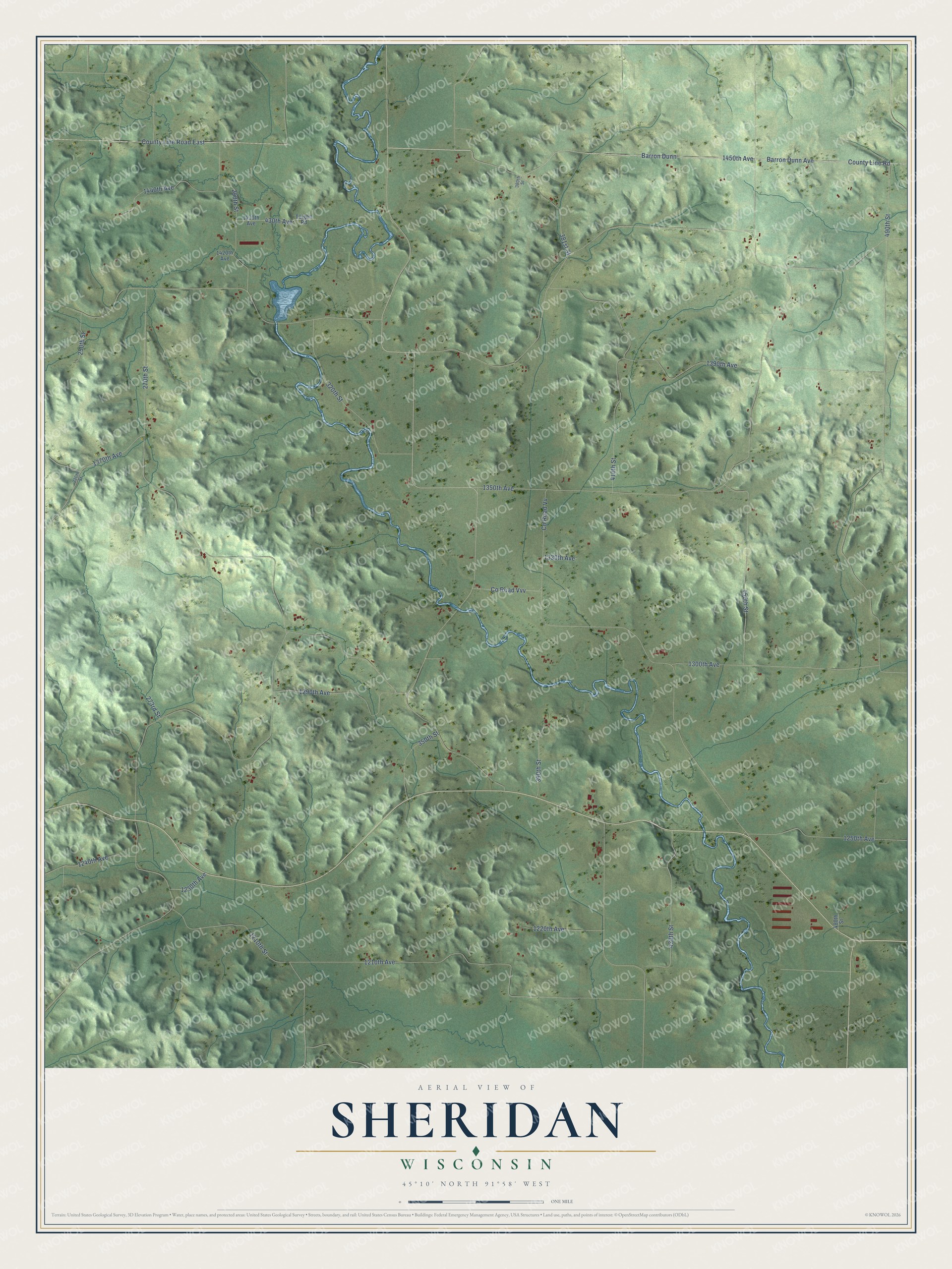 Full map of Sheridan, Wisconsin, with red buildings, printed street names and the land around them