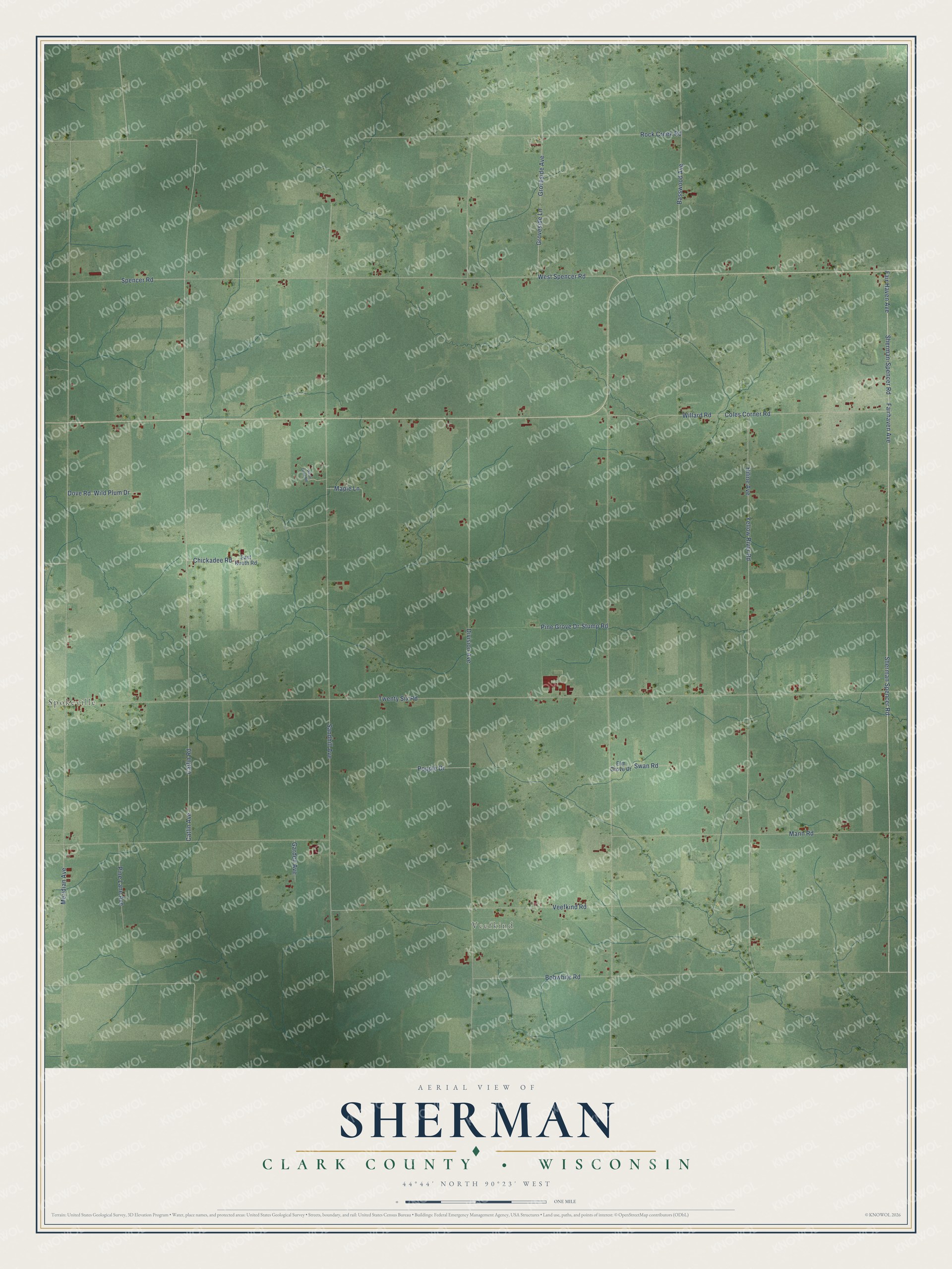 Full map of Sherman, Wisconsin, with red buildings, printed street names and the land around them
