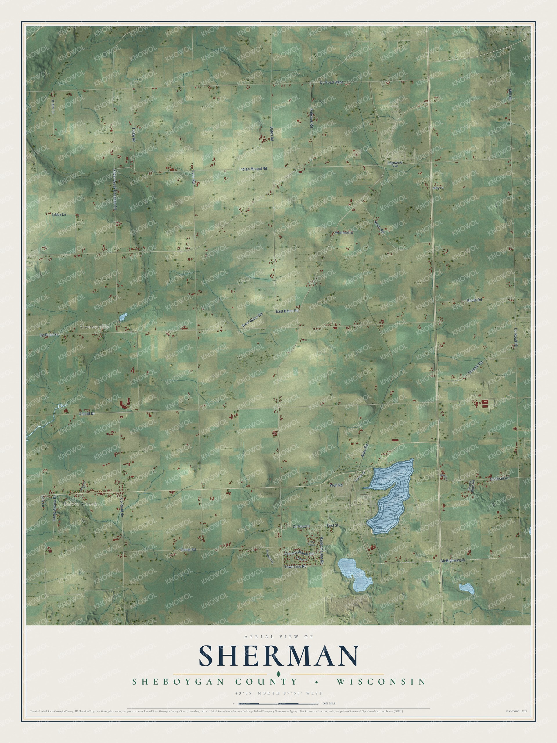 Full map of Sherman, Wisconsin, with red buildings, printed street names and the land around them