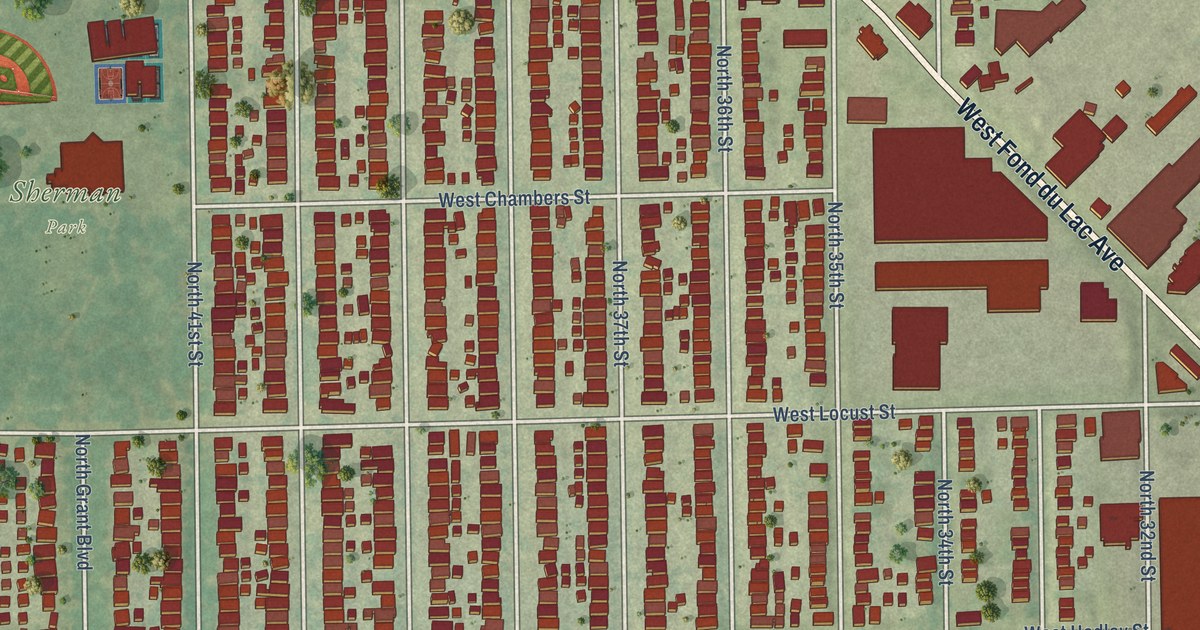 Close-up of streets and buildings in Sherman Park, Wisconsin