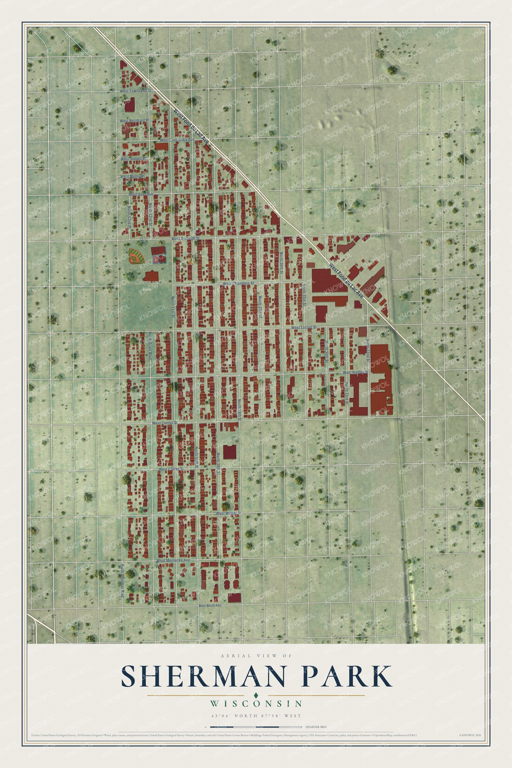 Full map of Sherman Park, Wisconsin, with red buildings, printed street names and the land around them
