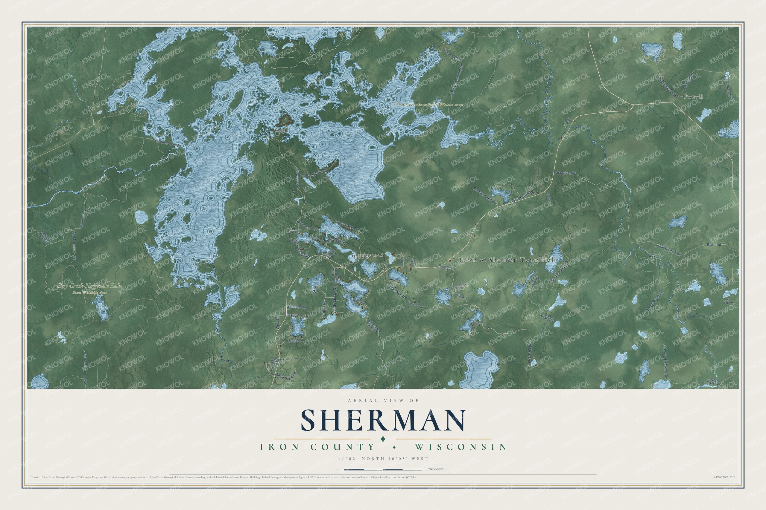 Full map of Sherman, Wisconsin, with red buildings, printed street names and the land around them