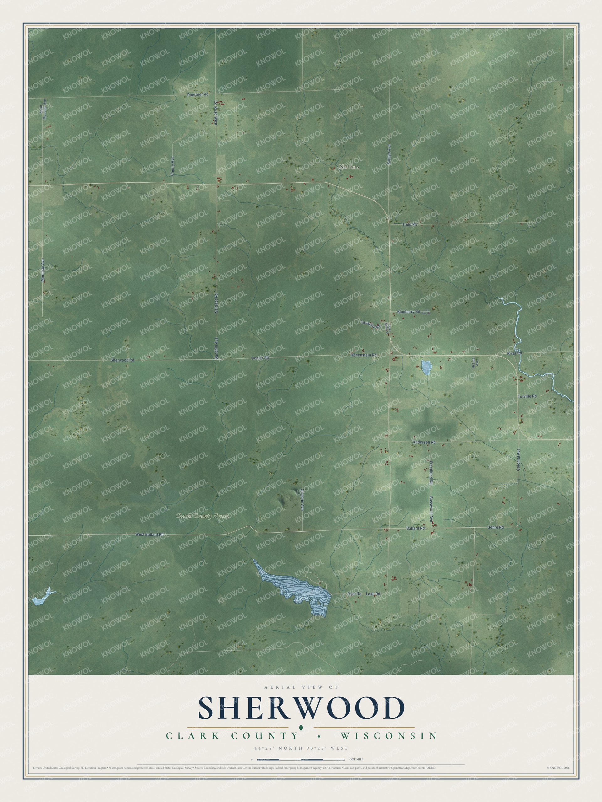 Full map of Sherwood, Wisconsin, with red buildings, printed street names and the land around them