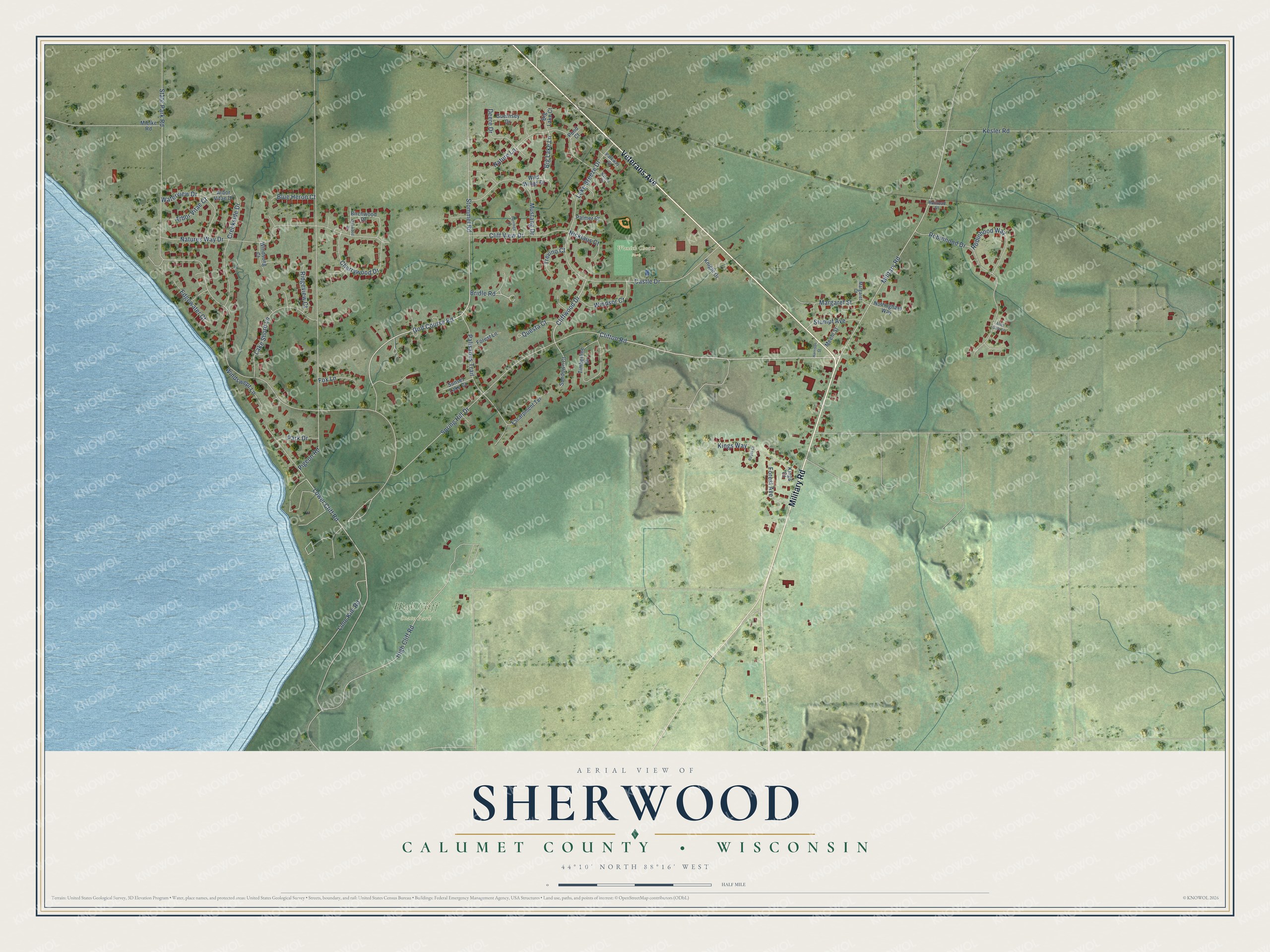 Full map of Sherwood, Wisconsin, with red buildings, printed street names and the land around them