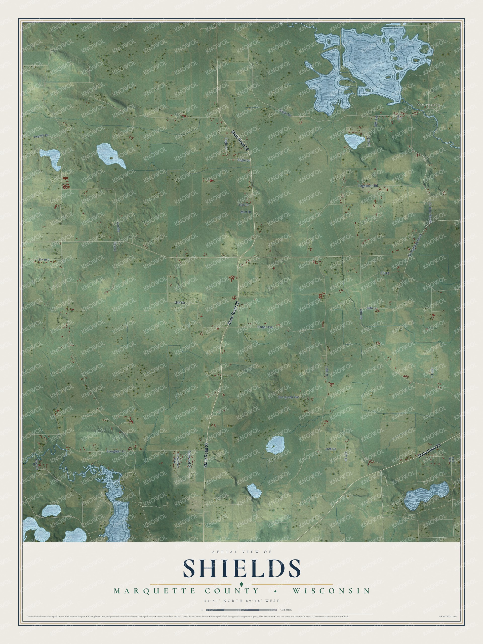 Full map of Shields, Wisconsin, with red buildings, printed street names and the land around them