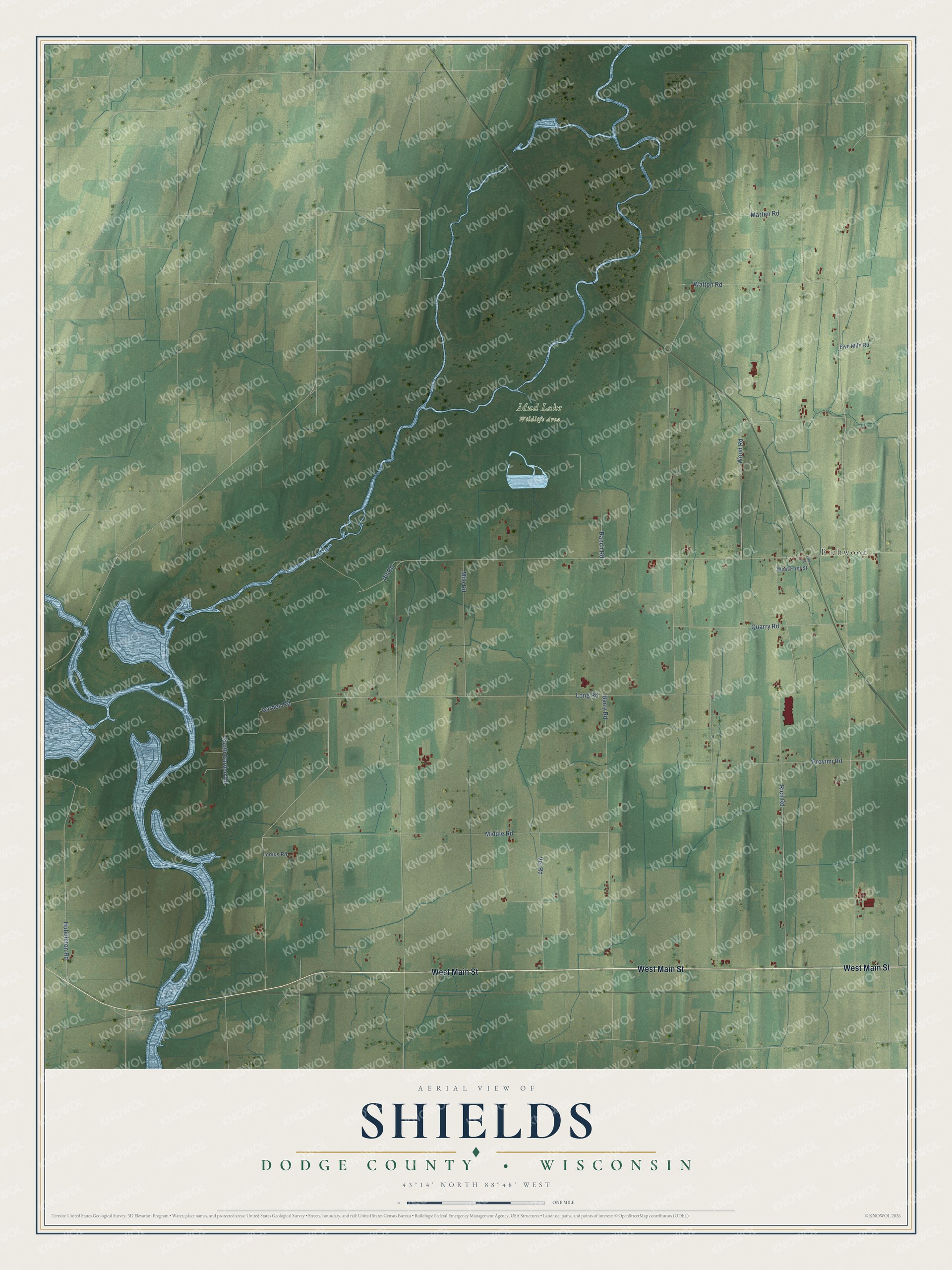 Full map of Shields, Wisconsin, with red buildings, printed street names and the land around them