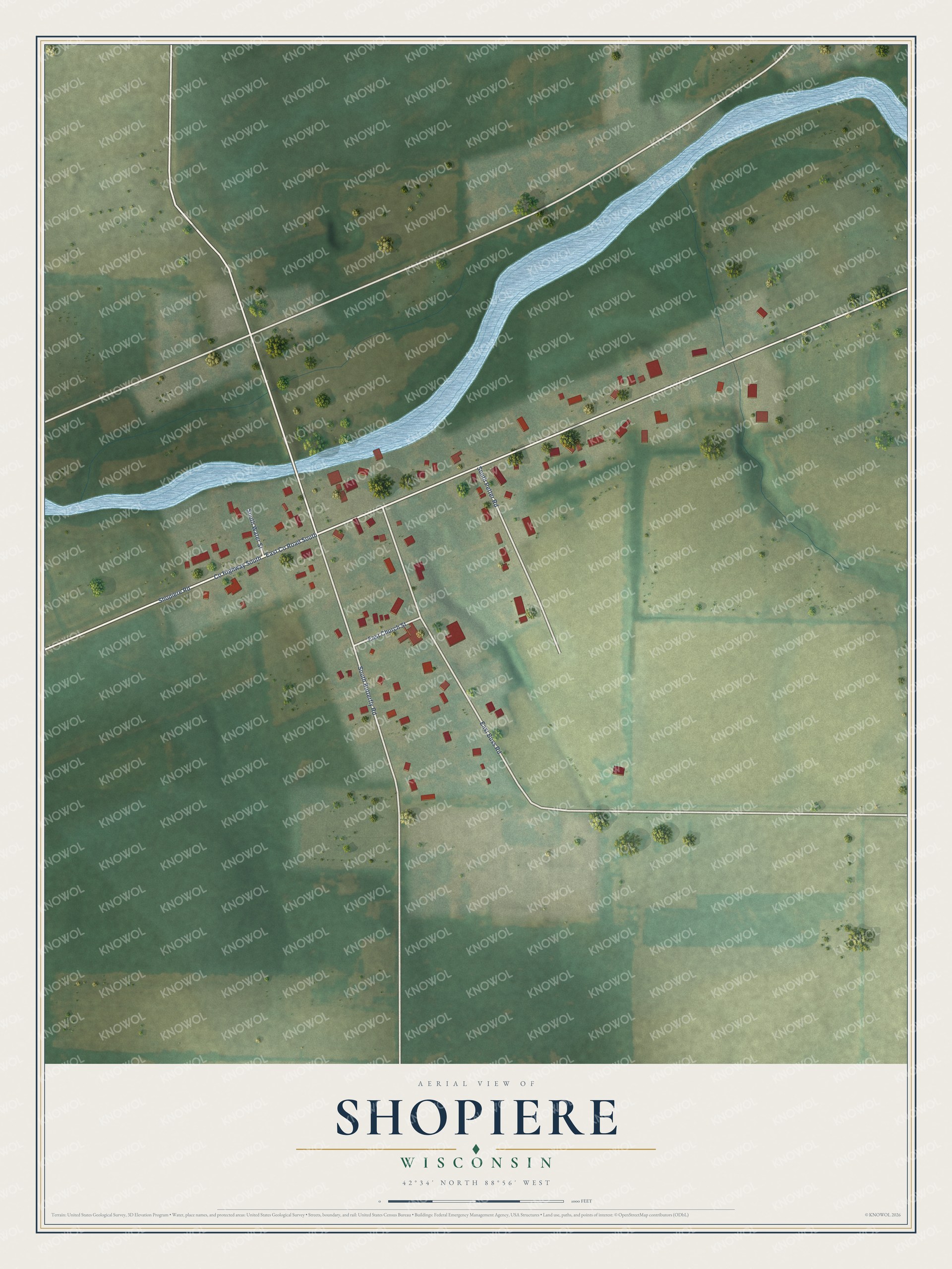 Full map of Shopiere, Wisconsin, with red buildings, printed street names and the land around them