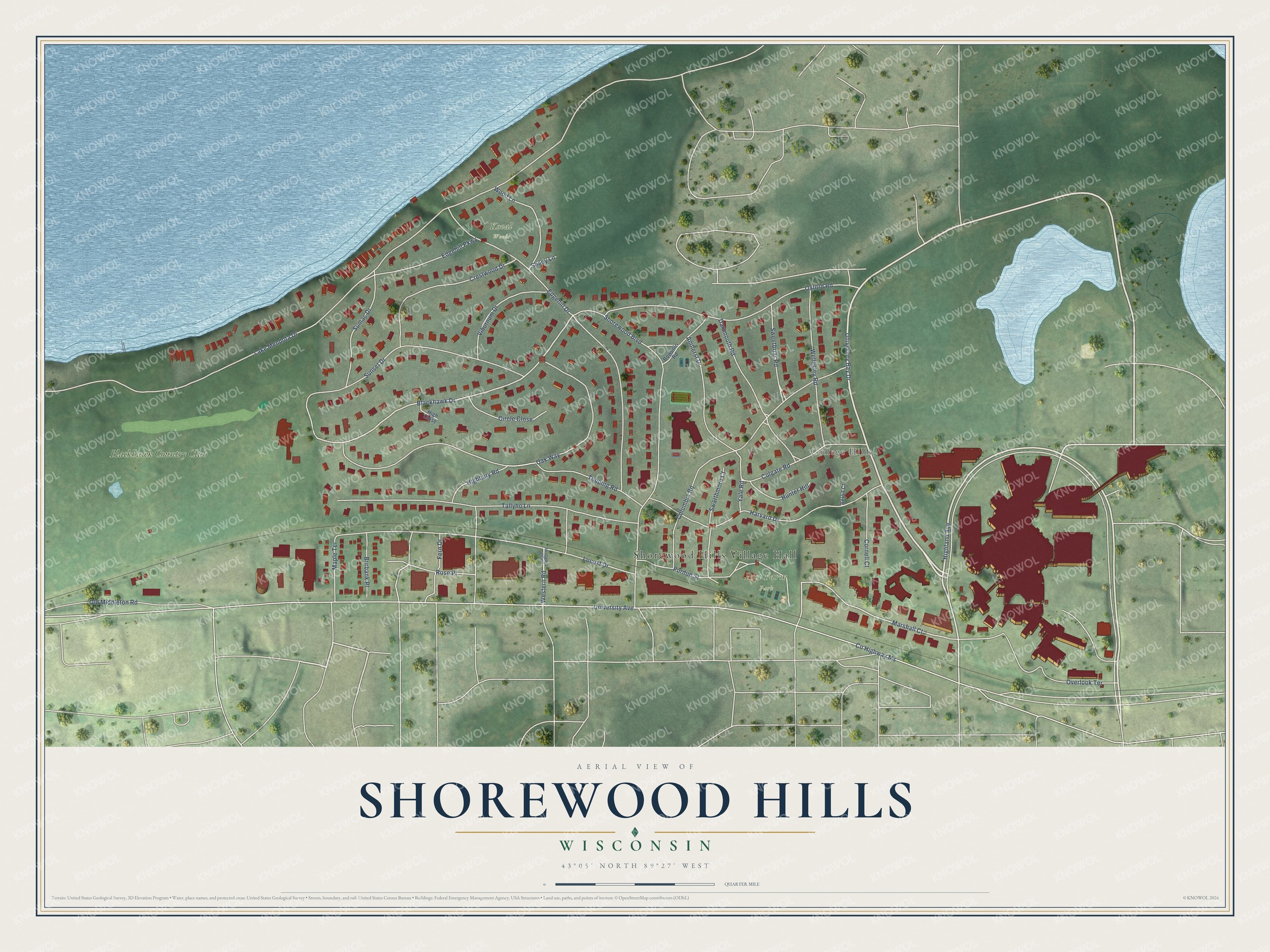 Full map of Shorewood Hills, Wisconsin, with red buildings, printed street names and the land around them