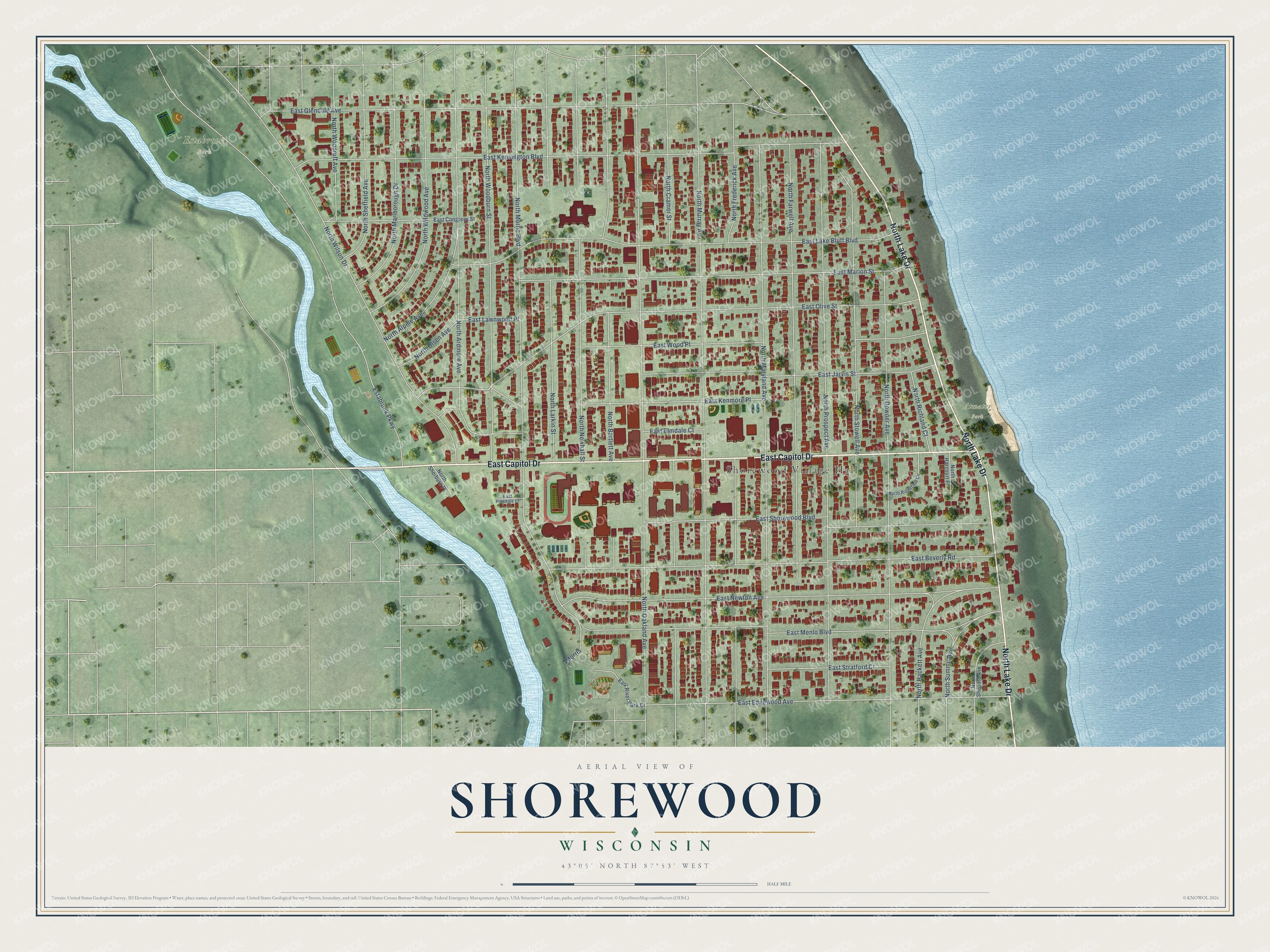 Full map of Shorewood, Wisconsin, with red buildings, printed street names and the land around them