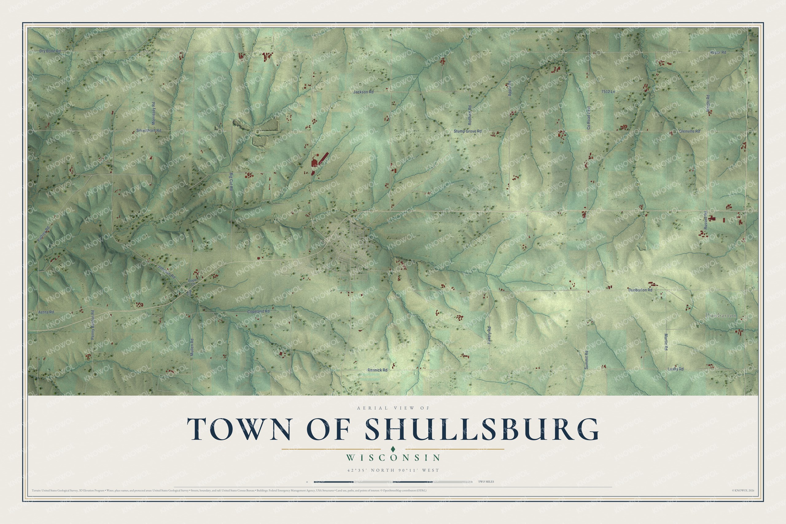Full map of Shullsburg, Wisconsin, with red buildings, printed street names and the land around them