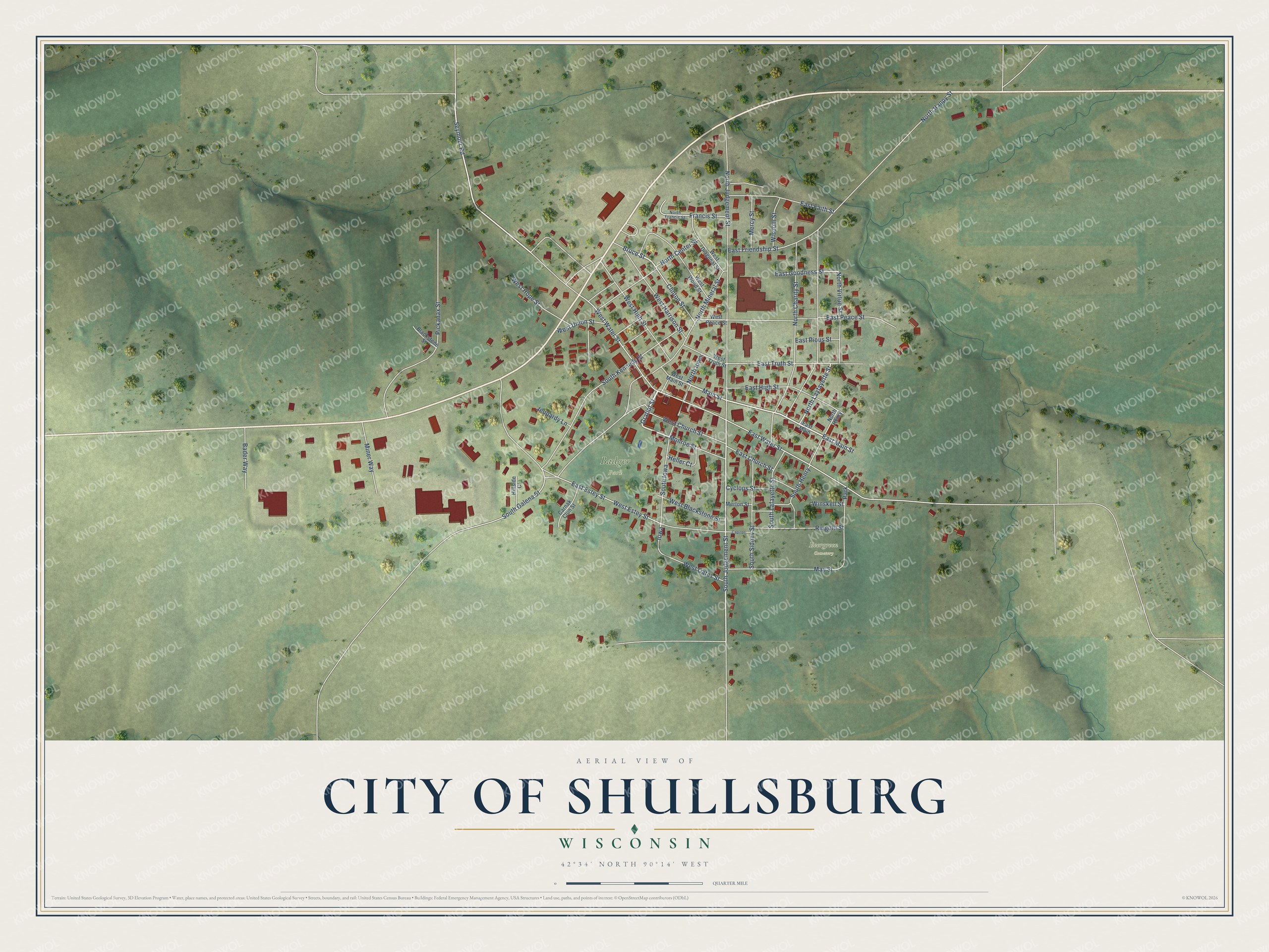 Full map of Shullsburg, Wisconsin, with red buildings, printed street names and the land around them