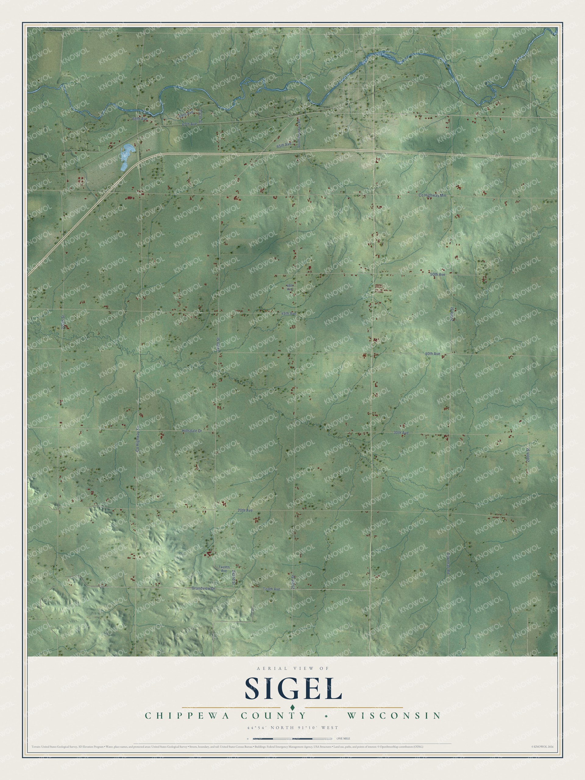 Full map of Sigel, Wisconsin, with red buildings, printed street names and the land around them