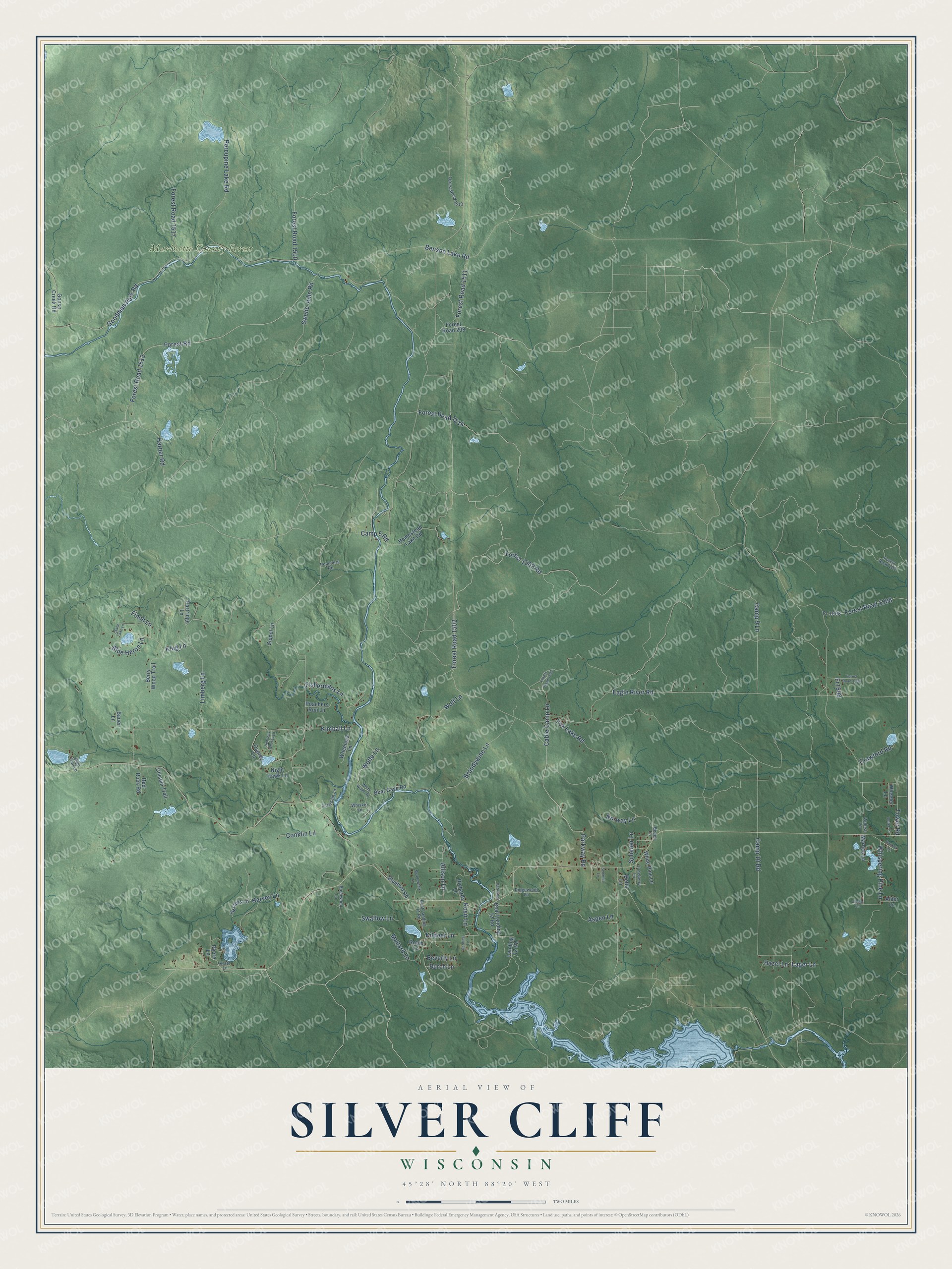 Full map of Silver Cliff, Wisconsin, with red buildings, printed street names and the land around them